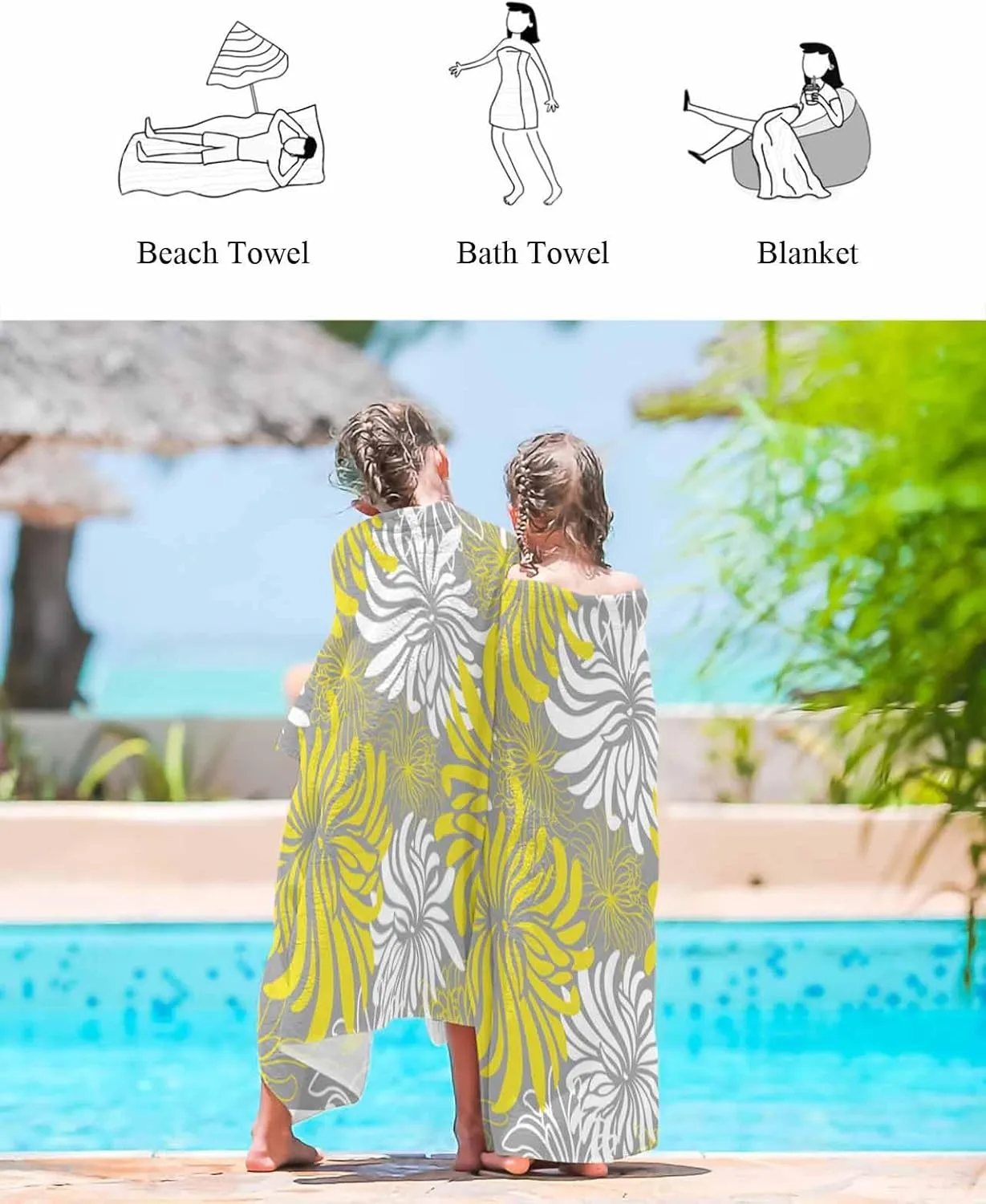 Quick-Drying Microfiber Beach Towel, Chrysanthemum Soft Absorbent Bath Shower Towels, Flower Yellow Grey White Lightweight Portable Towel/Blanket for Travel/Swimming Pool/Camping/Yoga/Gym，35x70 Inch