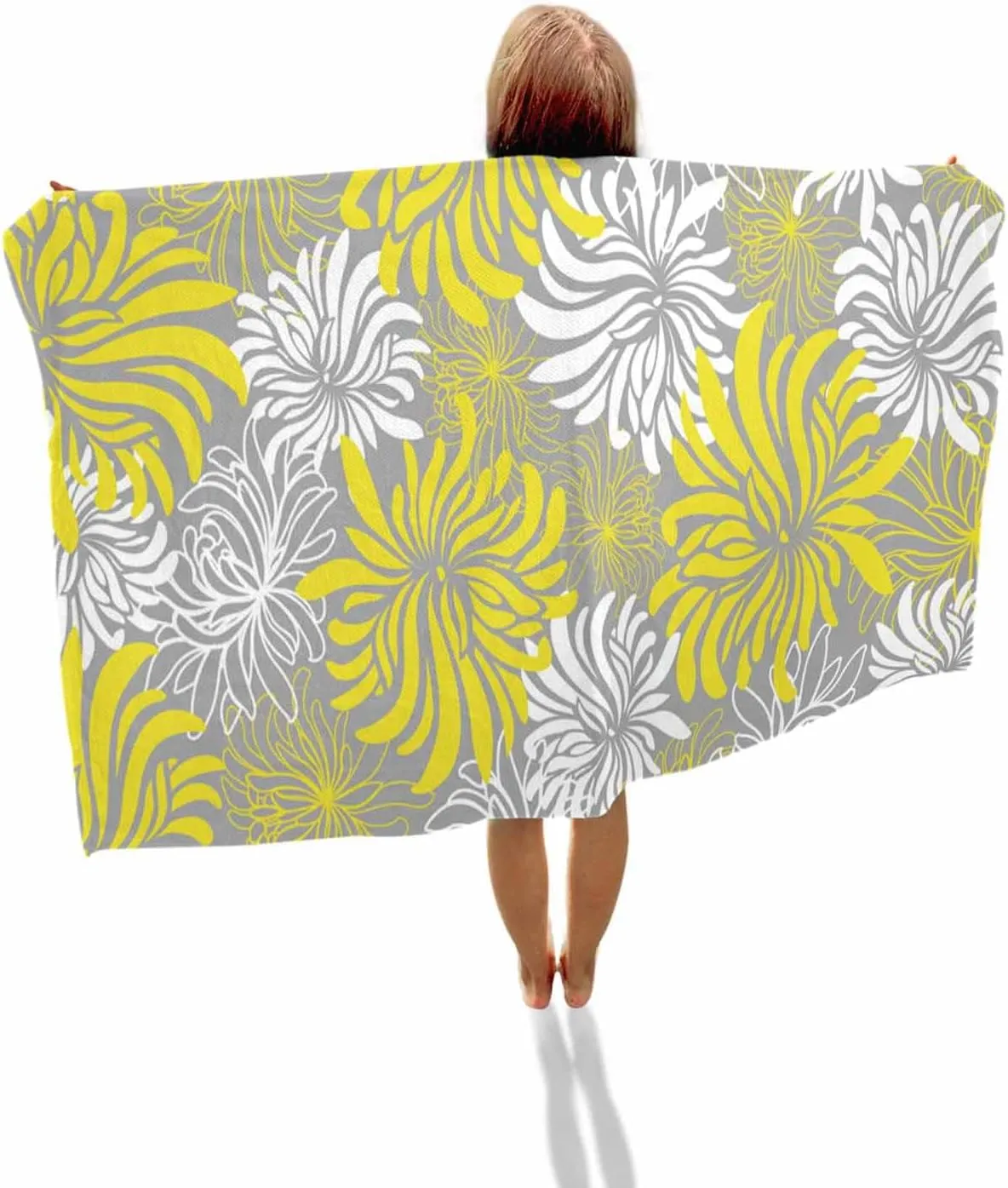 Quick-Drying Microfiber Beach Towel, Chrysanthemum Soft Absorbent Bath Shower Towels, Flower Yellow Grey White Lightweight Portable Towel/Blanket for Travel/Swimming Pool/Camping/Yoga/Gym，35x70 Inch
