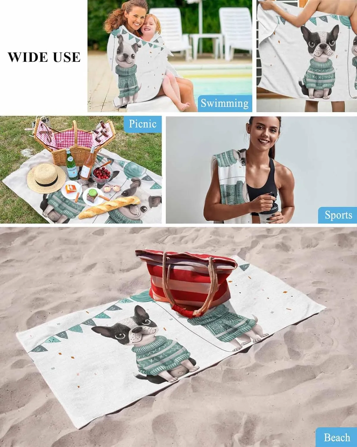 Quick-Drying Microfiber Beach Towel, Cute Dog Soft Absorbent Bath Shower Towels, Farmhouse Country Green Lightweight Portable Towel/Blanket for Travel/Swimming Pool/Camping/Yoga/Gym，35x70 Inch