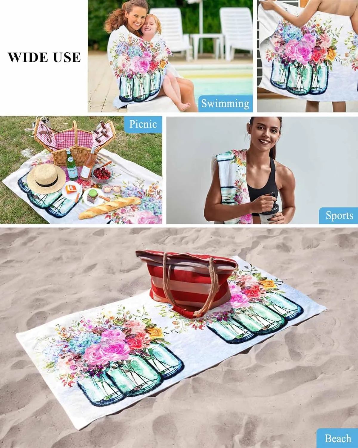 Quick-Drying Microfiber Beach Towel, Floral Soft Absorbent Bath Shower Towels, Flowers in Vase Gradient Lightweight Portable Towel/Blanket for Travel/Swimming Pool/Camping/Yoga/Gym，35x70 Inch