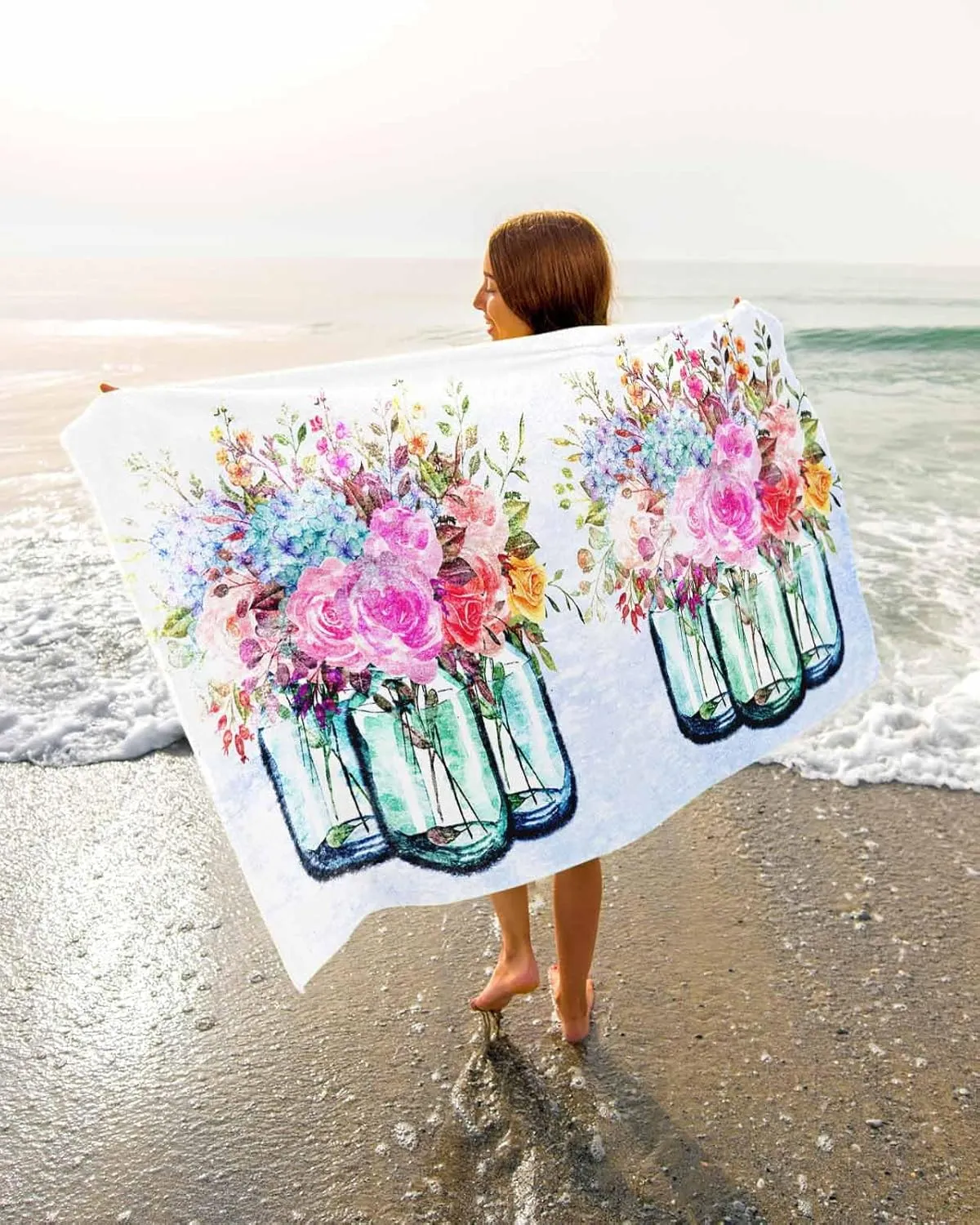 Quick-Drying Microfiber Beach Towel, Floral Soft Absorbent Bath Shower Towels, Flowers in Vase Gradient Lightweight Portable Towel/Blanket for Travel/Swimming Pool/Camping/Yoga/Gym，35x70 Inch