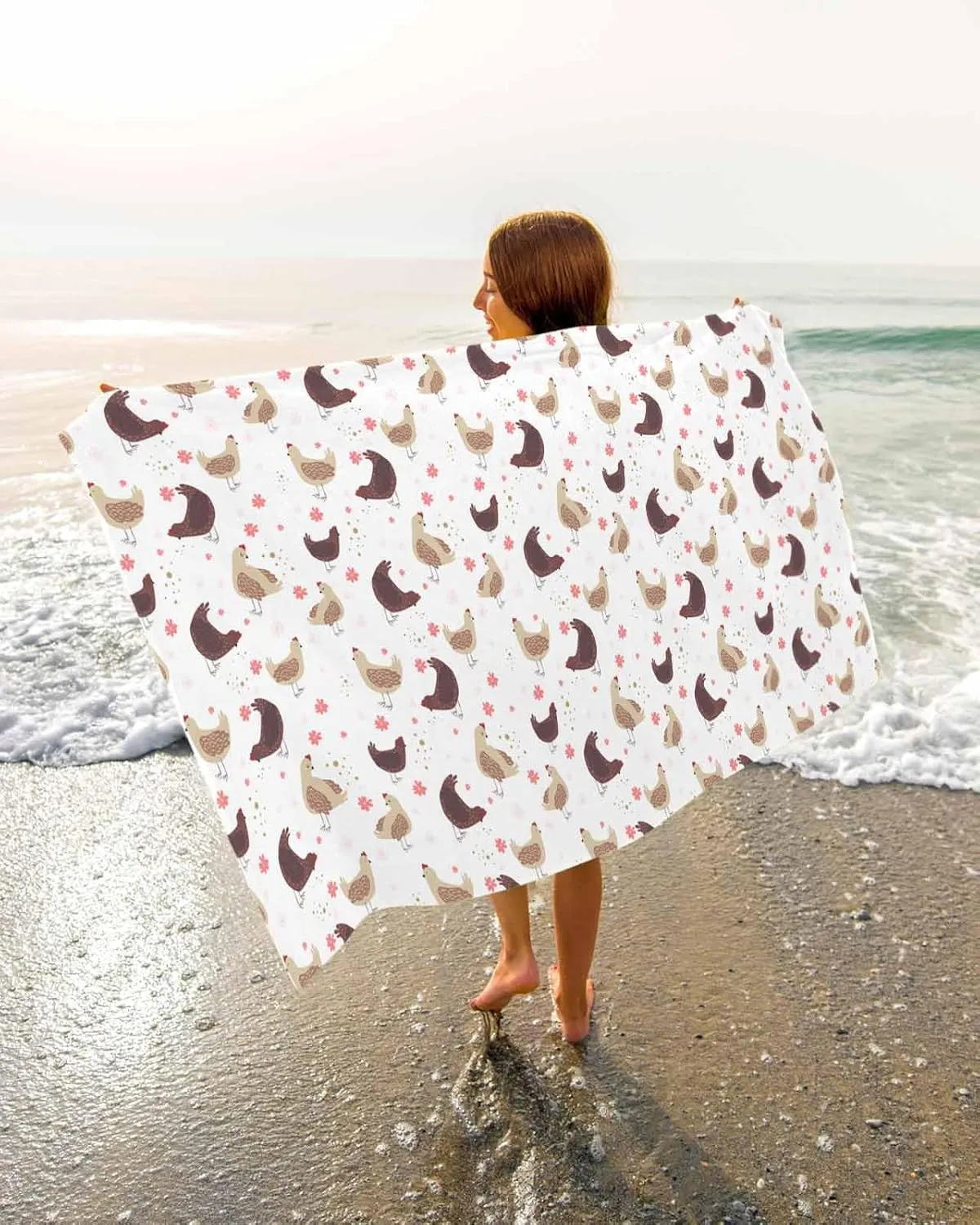 Quick-Drying Microfiber Beach Towel, Hen Flowers Brown Soft Absorbent Bath Shower Towels, Farmhouse Country Lightweight Portable Towel/Blanket for Travel/Swimming Pool/Camping/Yoga/Gym，35x70 Inch