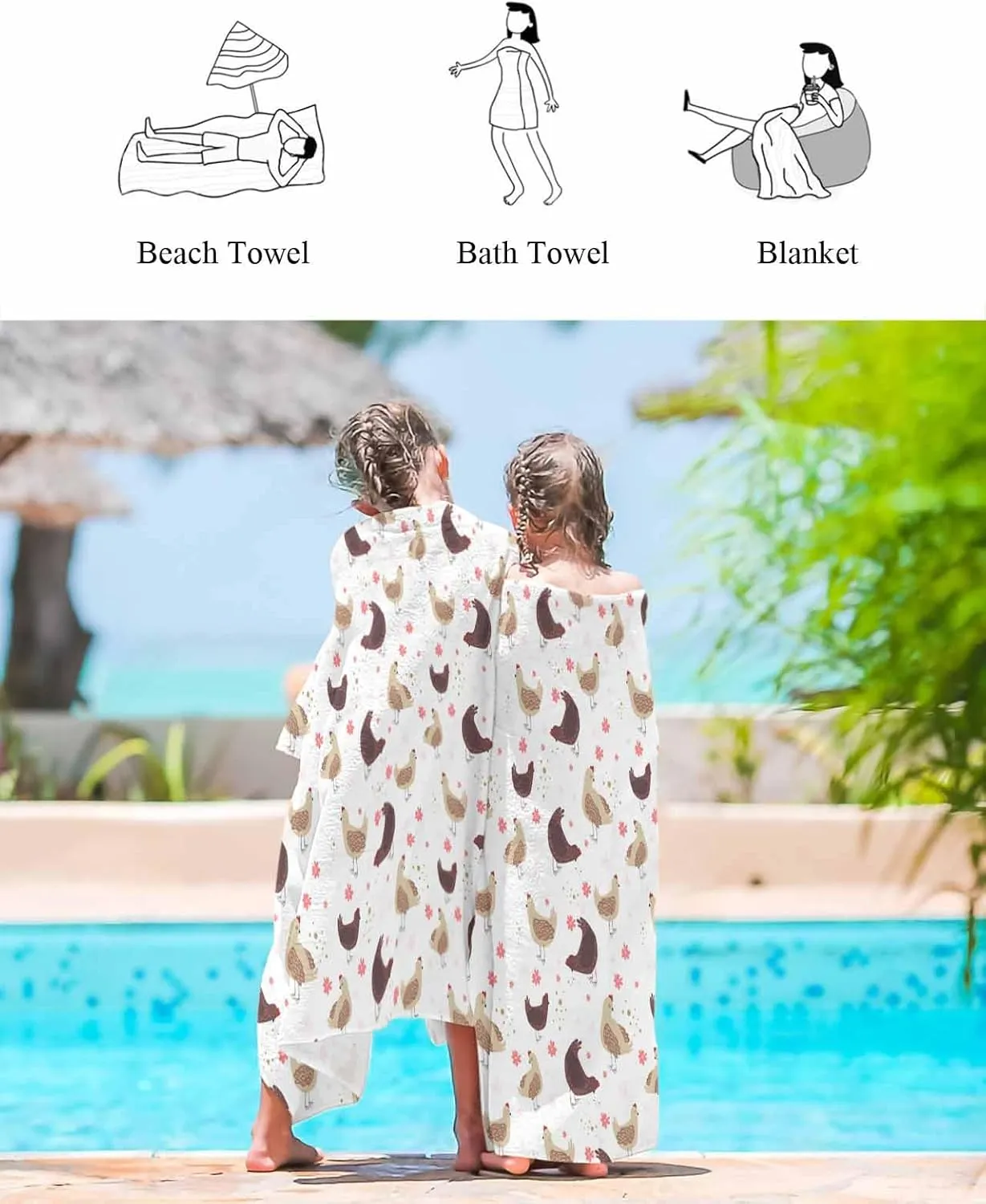 Quick-Drying Microfiber Beach Towel, Hen Flowers Brown Soft Absorbent Bath Shower Towels, Farmhouse Country Lightweight Portable Towel/Blanket for Travel/Swimming Pool/Camping/Yoga/Gym，35x70 Inch