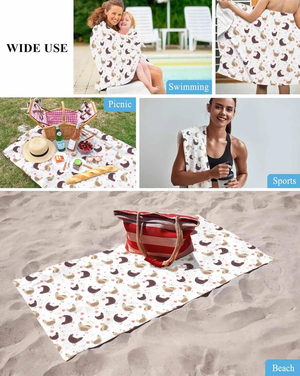 Quick-Drying Microfiber Beach Towel, Hen Flowers Brown Soft Absorbent Bath Shower Towels, Farmhouse Country Lightweight Portable Towel/Blanket for Travel/Swimming Pool/Camping/Yoga/Gym，35x70 Inch