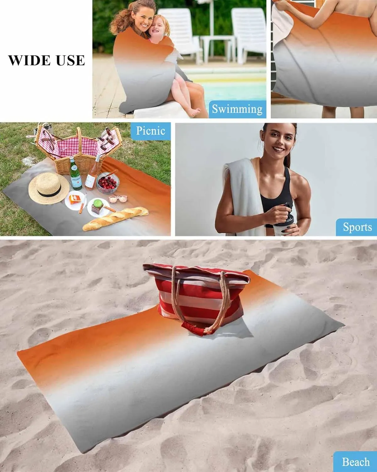 Quick-Drying Microfiber Beach Towel, Modern Simple Soft Absorbent Bath Shower Towels, Orange Gray Gradient Lightweight Portable Towel/Blanket for Travel/Swimming Pool/Camping/Yoga/Gym，35x70 Inch