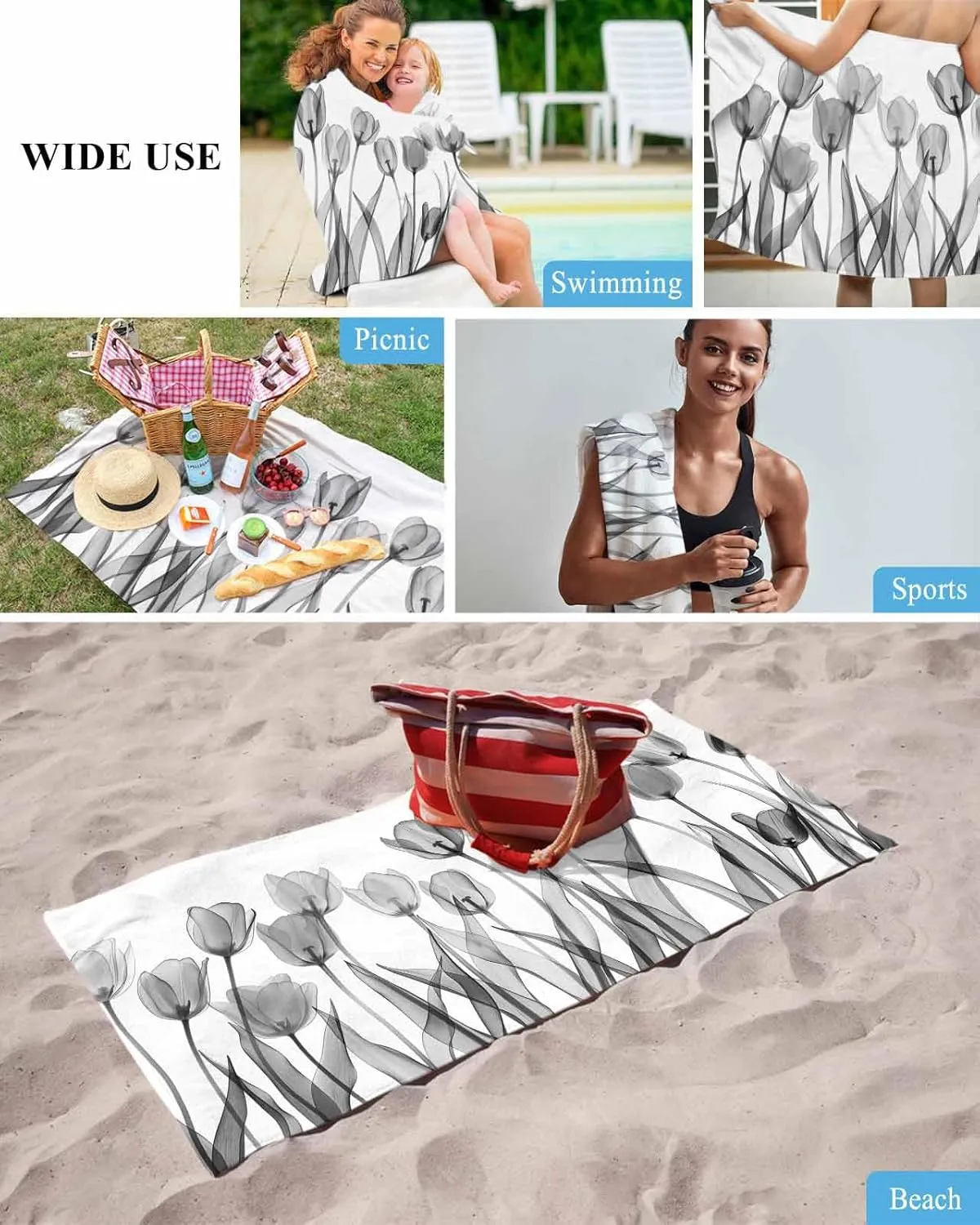 Quick-Drying Microfiber Beach Towel, Simple Modern Soft Absorbent Bath Shower Towels, Rustic Gray Floral Lightweight Portable Towel/Blanket for Travel/Swimming Pool/Camping/Yoga/Gym，35x70 Inch