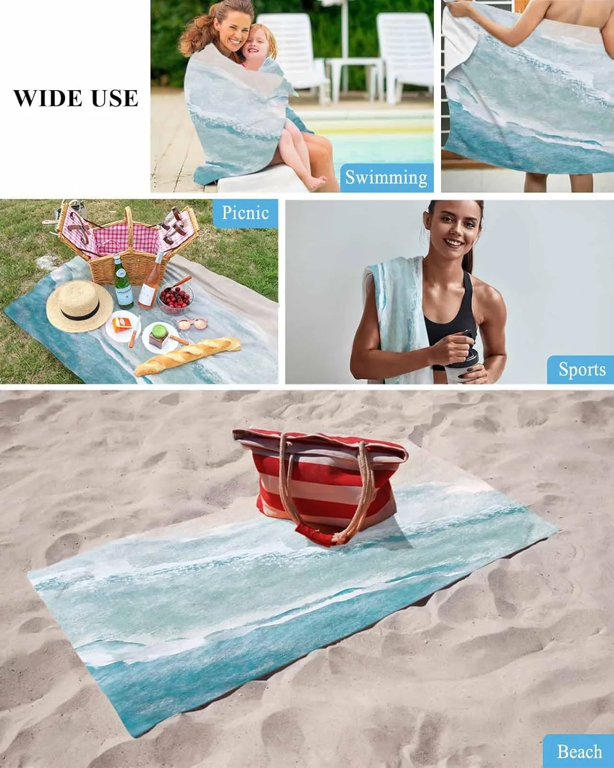 Quick-Drying Microfiber Beach Towel, Watercolor Blue Ocean Sea Waves Beach Soft Absorbent Bath Shower Towels, Lightweight Portable Towel/Blanket for Travel/Swimming Pool/Camping/Yoga/Gym，35x70 Inch