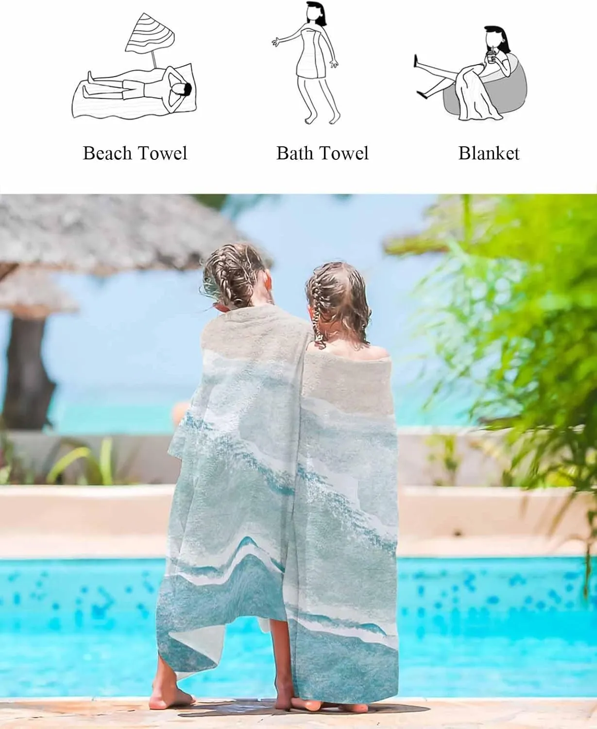 Quick-Drying Microfiber Beach Towel, Watercolor Blue Ocean Sea Waves Beach Soft Absorbent Bath Shower Towels, Lightweight Portable Towel/Blanket for Travel/Swimming Pool/Camping/Yoga/Gym，35x70 Inch