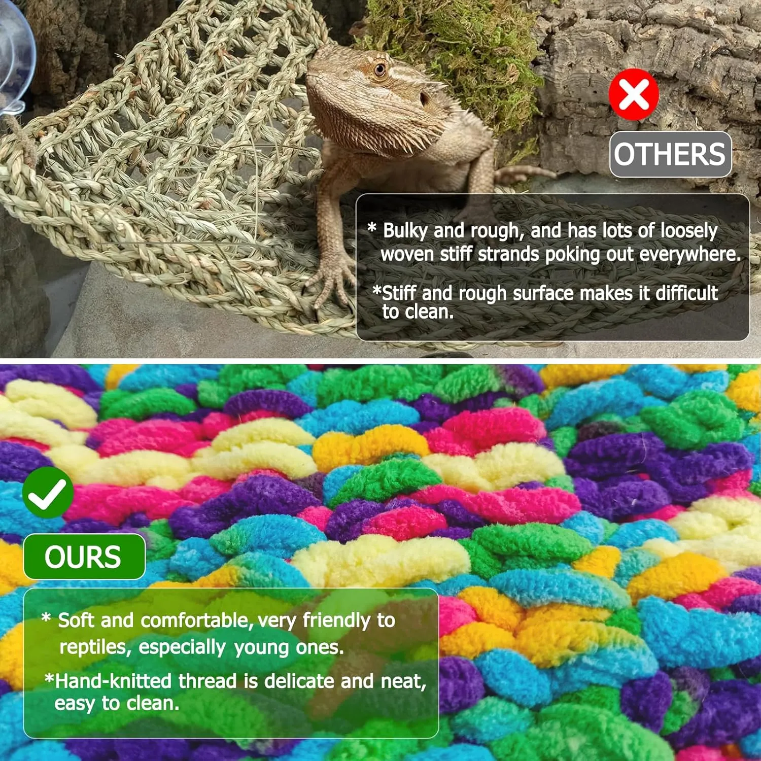 QWR 30" x 7" Upgraded Soft Reptile Lizard Hammock,Lengthened Thicker Hammock for Bearded Dragon Tank Swing Hanging with Strong-Adhesive Hooks,Breathable Bed for Gecko Chameleon Iguana(Rectangular)