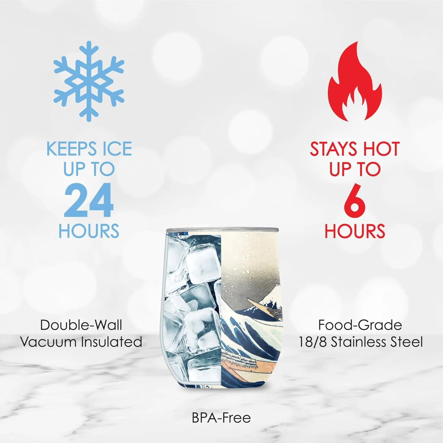 RainCaper 18/8 Stainless Steel Insulated Stemless Wine Tumbler | 12oz, BPA-Free, Double Wall for Hot & Cold | Travel-Friendly, Cup Holder Ready (Hokusai The Great Wave)