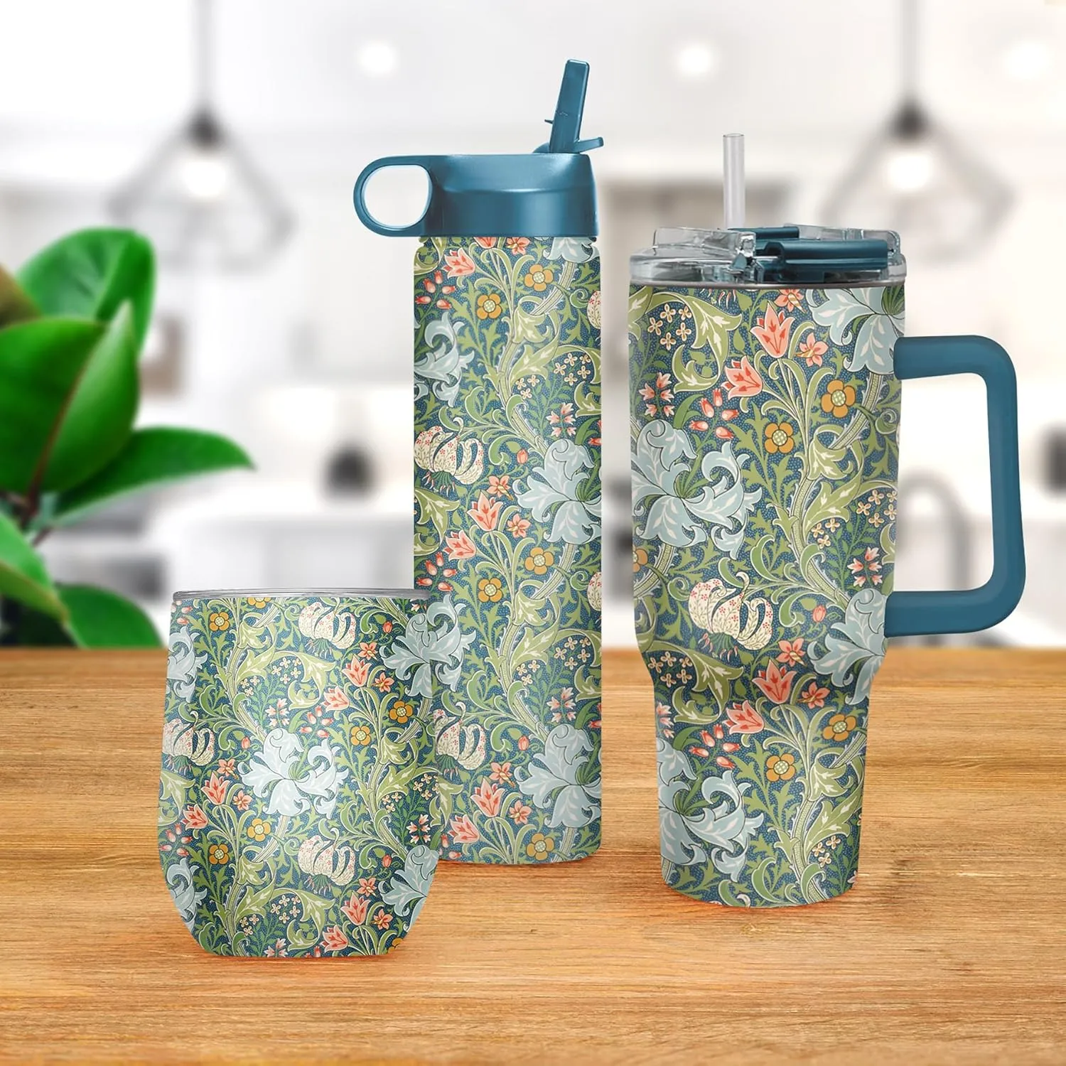RainCaper 18/8 Stainless Steel Insulated Stemless Wine Tumbler | 12oz, BPA-Free, Double Wall for Hot & Cold | Travel-Friendly, Cup Holder Ready (William Morris Golden Lily)