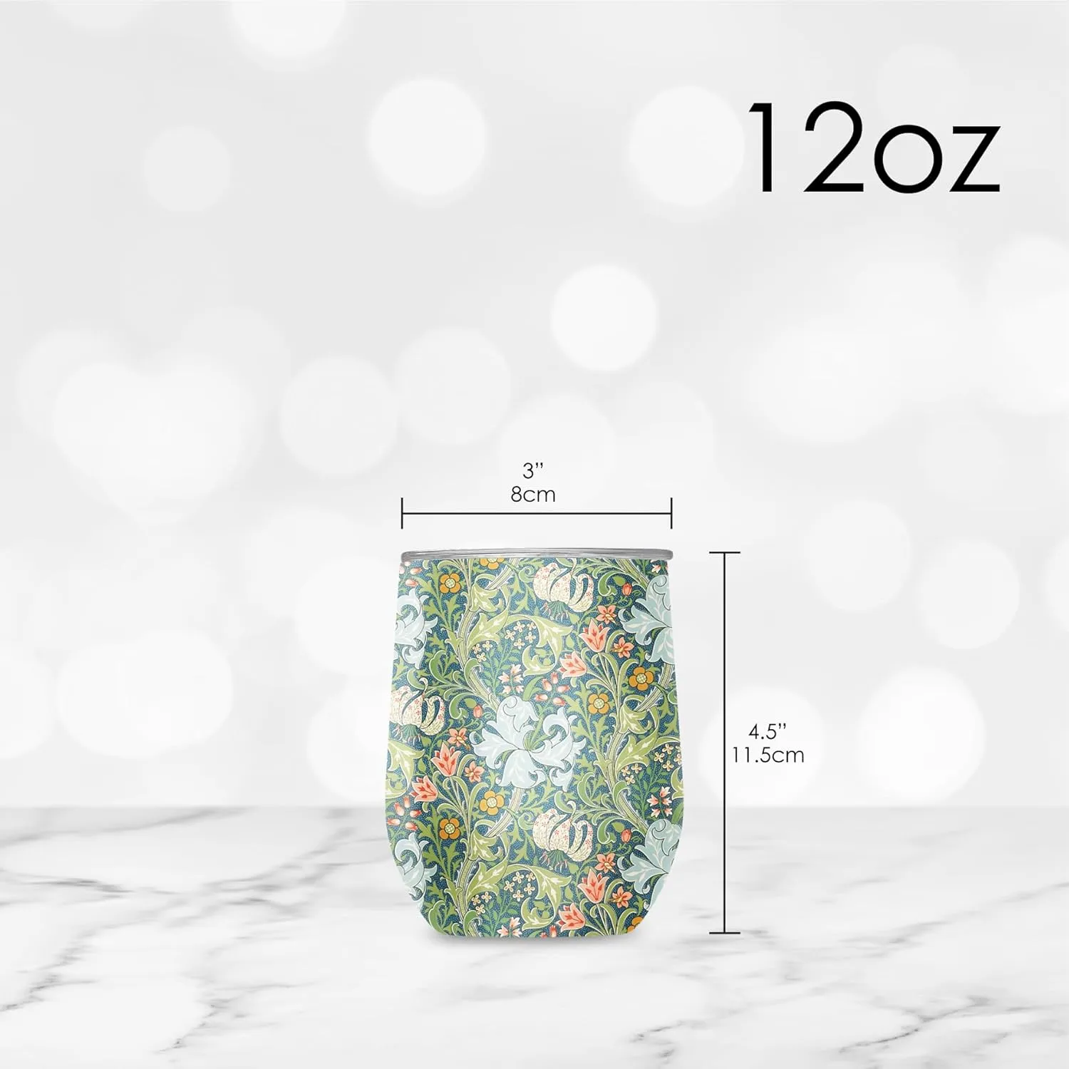RainCaper 18/8 Stainless Steel Insulated Stemless Wine Tumbler | 12oz, BPA-Free, Double Wall for Hot & Cold | Travel-Friendly, Cup Holder Ready (William Morris Golden Lily)