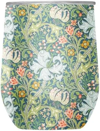 RainCaper 18/8 Stainless Steel Insulated Stemless Wine Tumbler | 12oz, BPA-Free, Double Wall for Hot & Cold | Travel-Friendly, Cup Holder Ready (William Morris Golden Lily)
