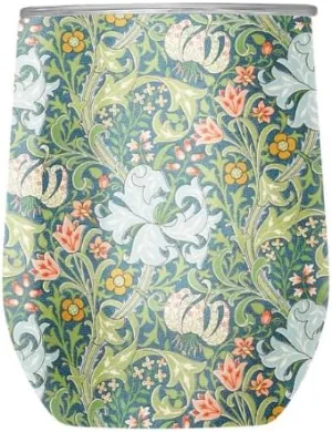 RainCaper 18/8 Stainless Steel Insulated Stemless Wine Tumbler | 12oz, BPA-Free, Double Wall for Hot & Cold | Travel-Friendly, Cup Holder Ready (William Morris Golden Lily)