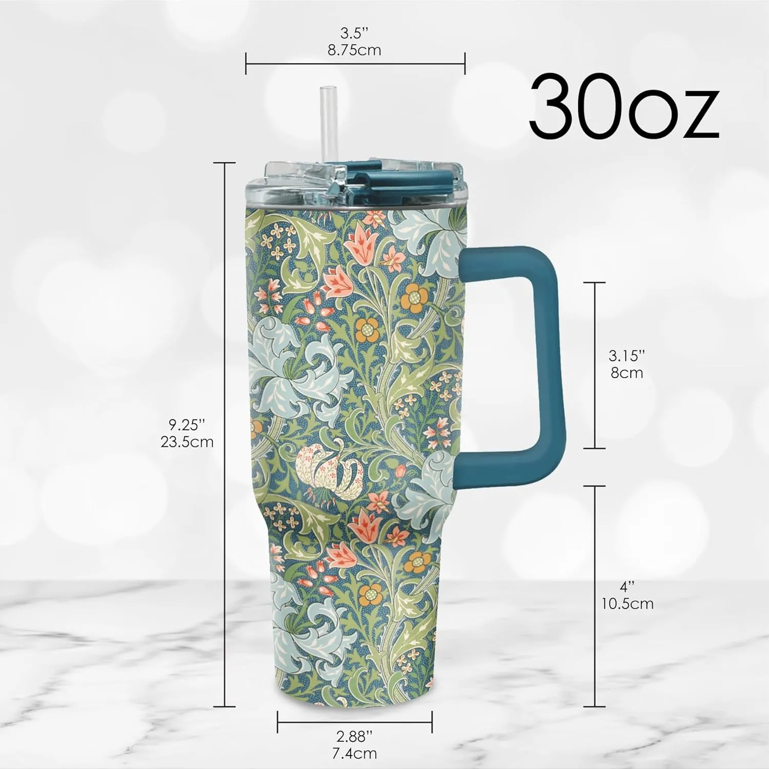 RainCaper 18/8 Stainless Steel Insulated Water Tumbler with Straw | 30oz, BPA-Free, Double Wall for Hot & Cold | Travel-Friendly, Cup Holder Ready (William Morris Morris Golden Lily)