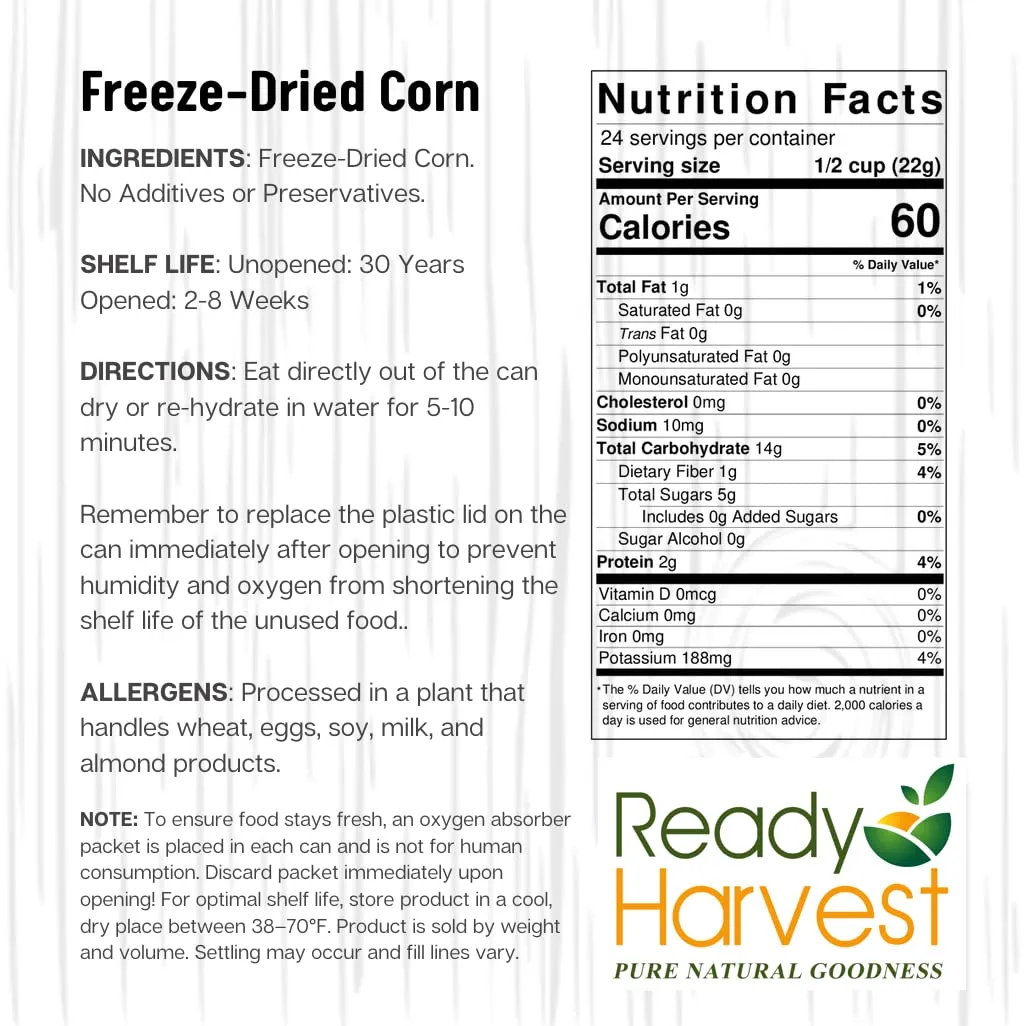 Ready Harvest Freeze-Dried Sweet Corn Canned Corn Vegetable Emergency Food Survival Camping Bug Out Bag #10 Can 25-Year Shelf Life 19oz 6 Cans