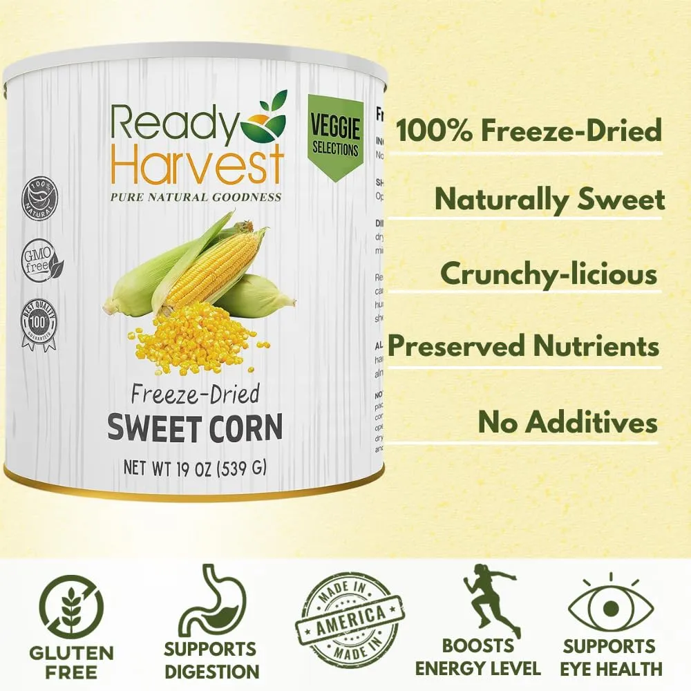 Ready Harvest Freeze-Dried Sweet Corn Canned Corn Vegetable Emergency Food Survival Camping Bug Out Bag #10 Can 25-Year Shelf Life 19oz 6 Cans