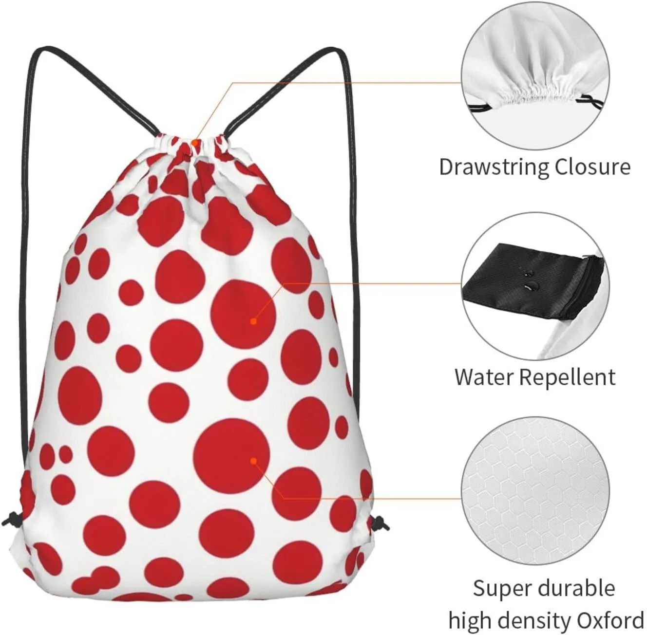 Red & White Polka Dots Drawstring Backpack String Cinch Bag Polyester Sackpack For Fitness Training Workout