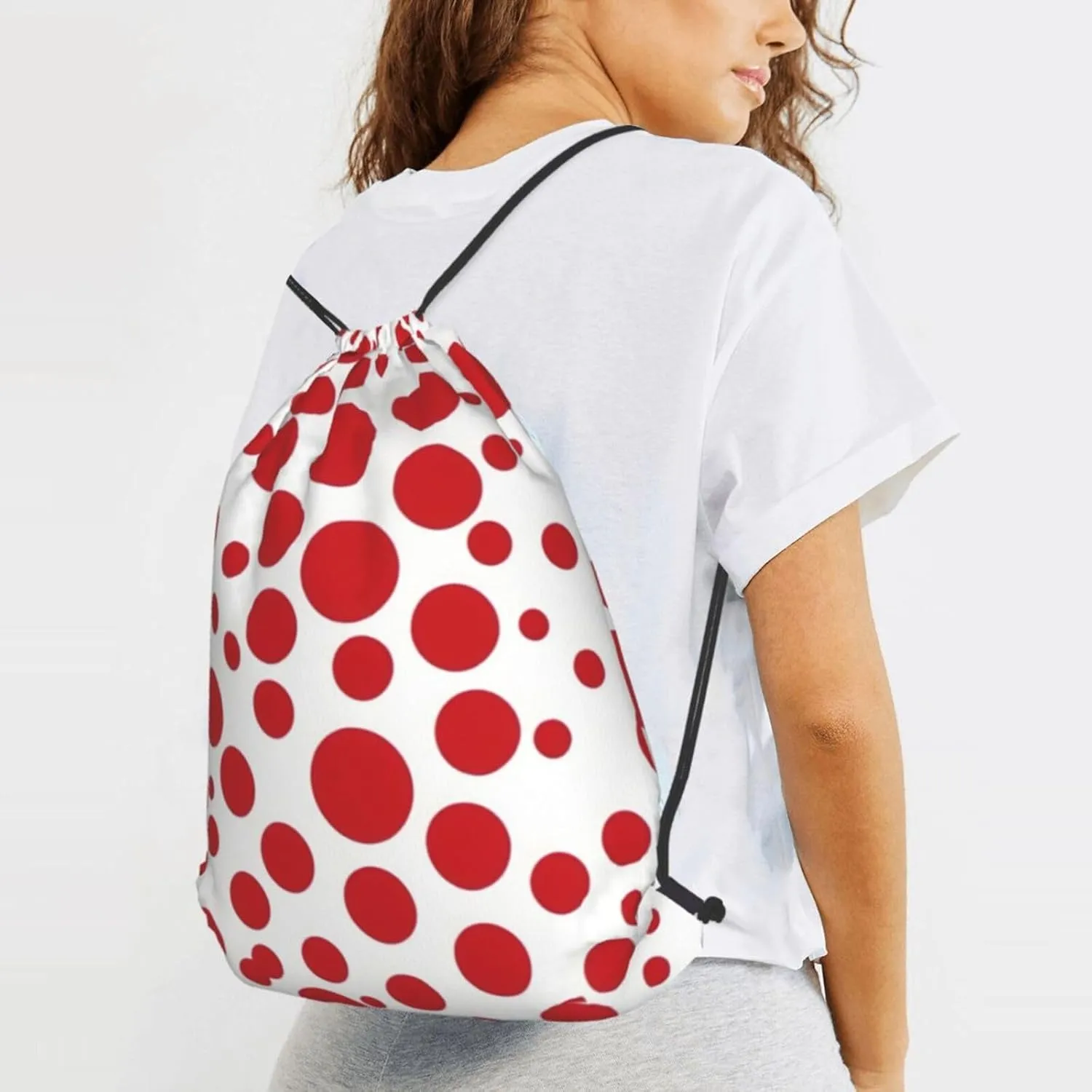 Red & White Polka Dots Drawstring Backpack String Cinch Bag Polyester Sackpack For Fitness Training Workout