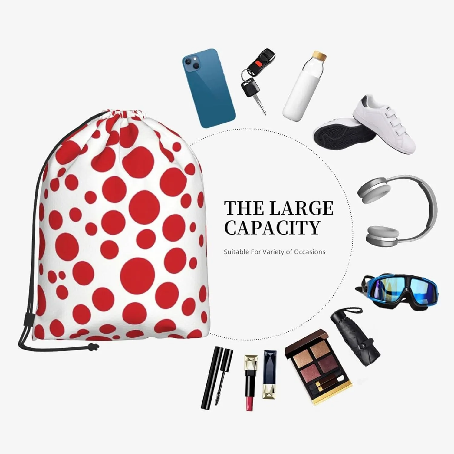 Red & White Polka Dots Drawstring Backpack String Cinch Bag Polyester Sackpack For Fitness Training Workout