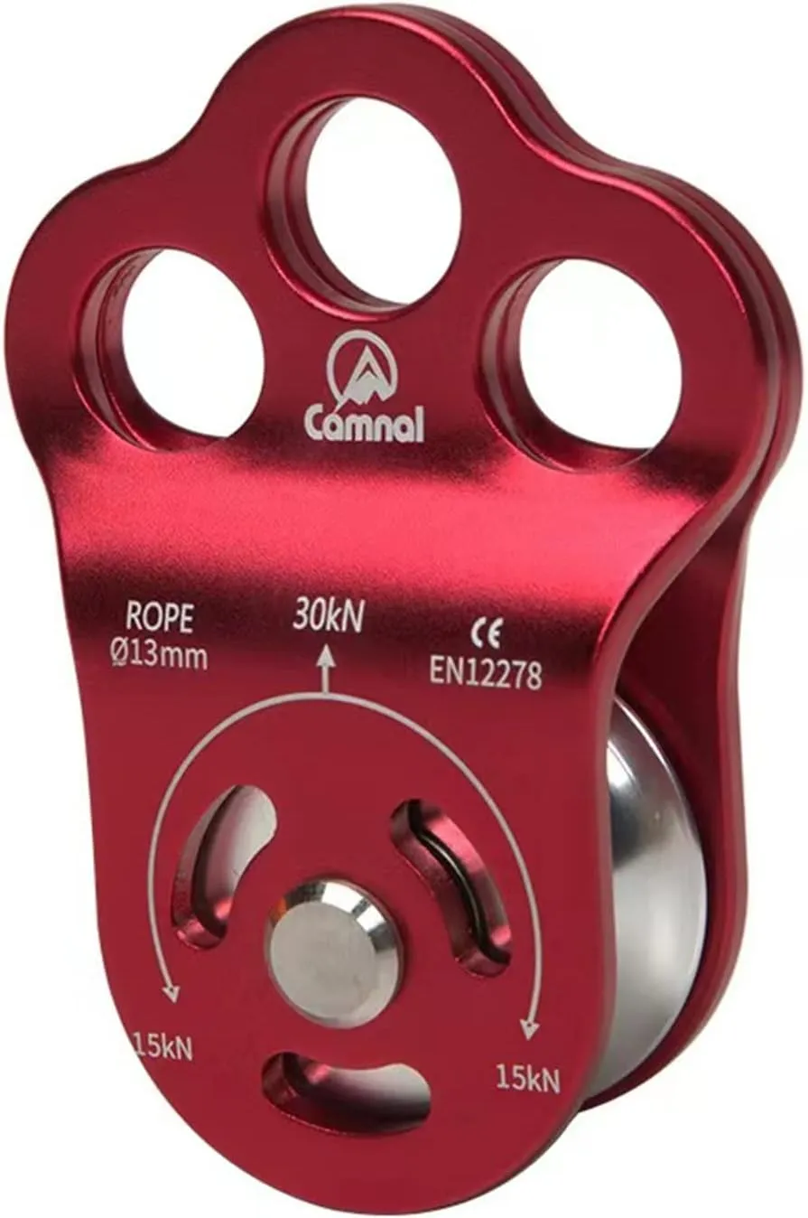 Red Climbing Pulley, 30KN/6613lbs Three Holes Single Pulley, Built-in Ball Bearing Climbing Pulley, Rock Climbing Pulley Fit for 13mm Rope Hauling, Rescue Applications, Zipline Sports Etc