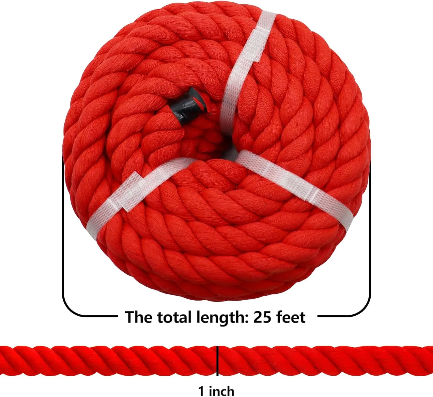 Red Rope 1 Inch x 25 Feet Thick Cotton Rope for for Landscaping, Railing,Decorating,Wedding,Tug of War