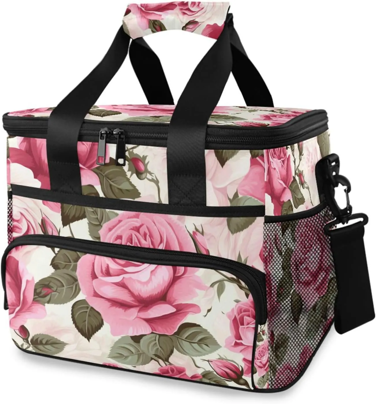 Red Rose Pink Roses Flower Cooler Bag Insulated Cooler Soft Sided Cooler 24 Can Portable Picnic Bag Large Leakproof Lunch Bag Box for Beach Grocery Camping Travel Car Men Women