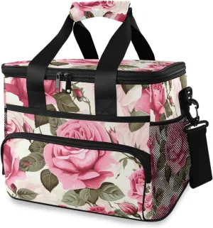 Red Rose Pink Roses Flower Cooler Bag Insulated Cooler Soft Sided Cooler 24 Can Portable Picnic Bag Large Leakproof Lunch Bag Box for Beach Grocery Camping Travel Car Men Women