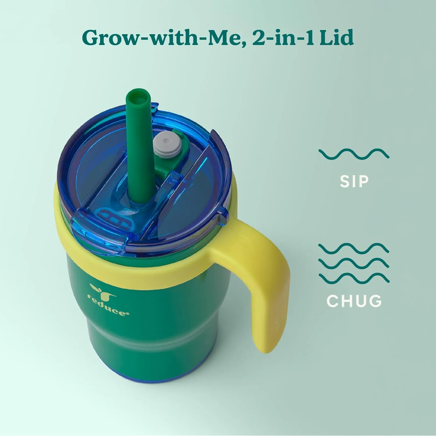 REDUCE 14 Oz Coldee Kids Tumbler with Lid and Straw - Coldee Insulated Travel Mug - Spill-Proof, Sweatproof Stainless Steel, BPA-Free - Includes Handle, Reusable Silicone Straw - Camp Green