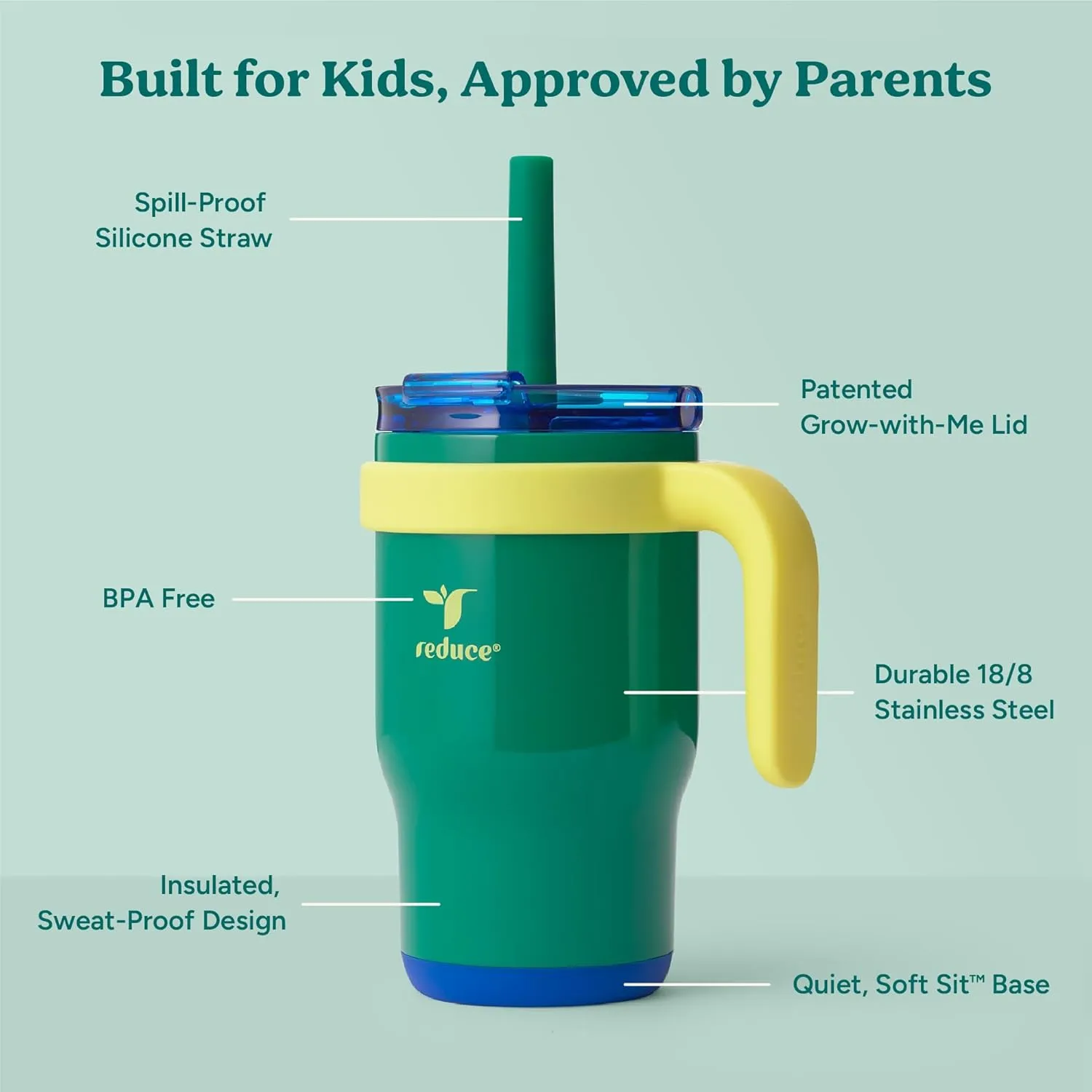 REDUCE 14 Oz Coldee Kids Tumbler with Lid and Straw - Coldee Insulated Travel Mug - Spill-Proof, Sweatproof Stainless Steel, BPA-Free - Includes Handle, Reusable Silicone Straw - Camp Green