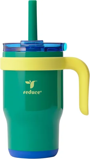 REDUCE 14 Oz Coldee Kids Tumbler with Lid and Straw - Coldee Insulated Travel Mug - Spill-Proof, Sweatproof Stainless Steel, BPA-Free - Includes Handle, Reusable Silicone Straw - Camp Green