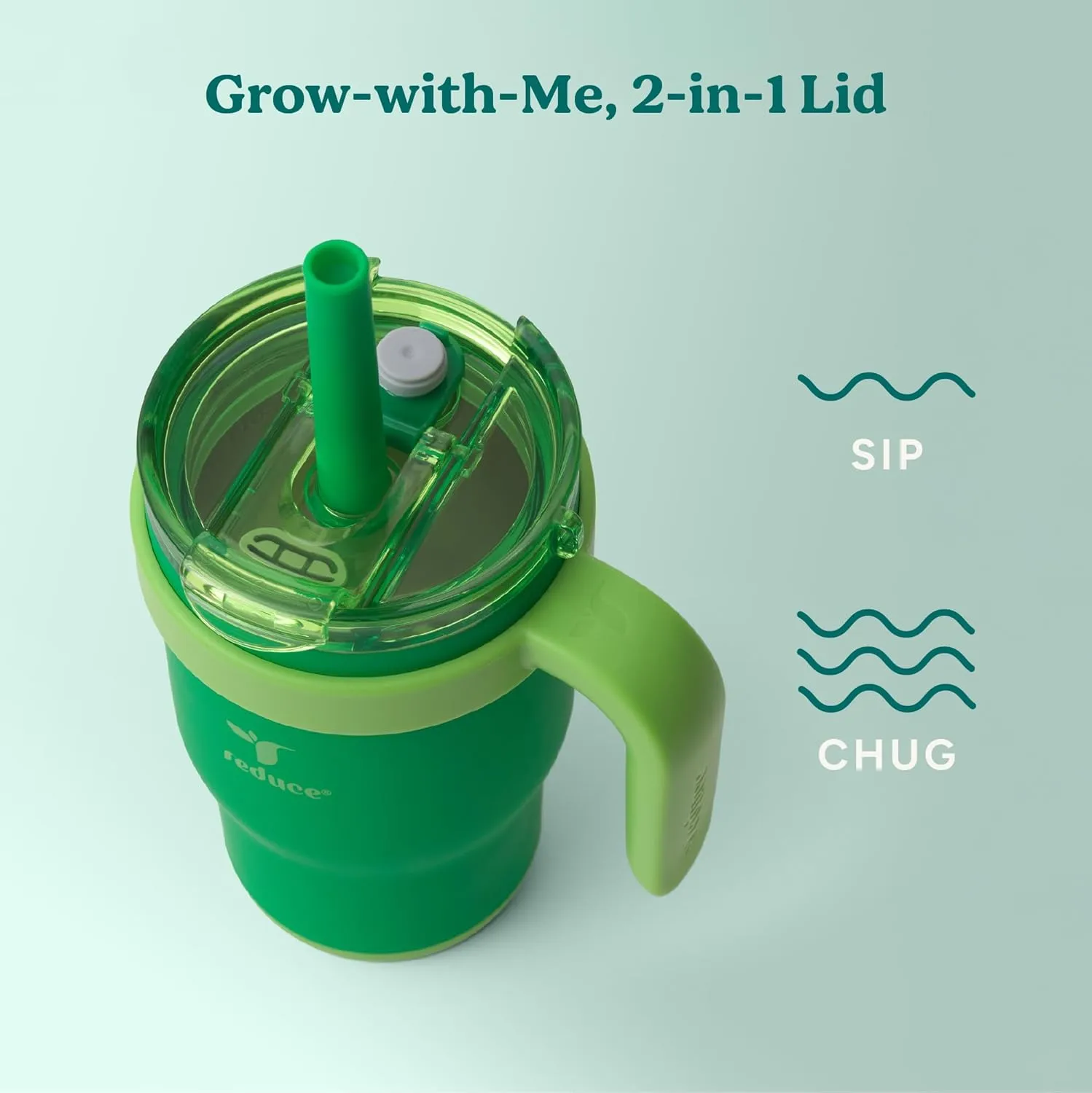REDUCE 14 Oz Coldee Kids Tumbler with Lid and Straw - Coldee Insulated Travel Mug - Spill-Proof, Sweatproof Stainless Steel, BPA-Free - Includes Handle, Reusable Silicone Straw - Clover Green