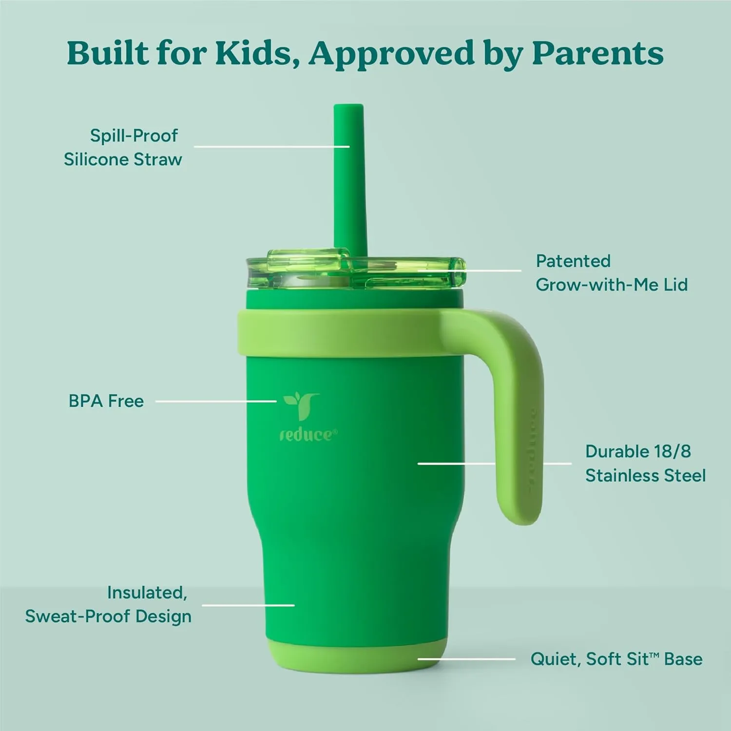 REDUCE 14 Oz Coldee Kids Tumbler with Lid and Straw - Coldee Insulated Travel Mug - Spill-Proof, Sweatproof Stainless Steel, BPA-Free - Includes Handle, Reusable Silicone Straw - Clover Green