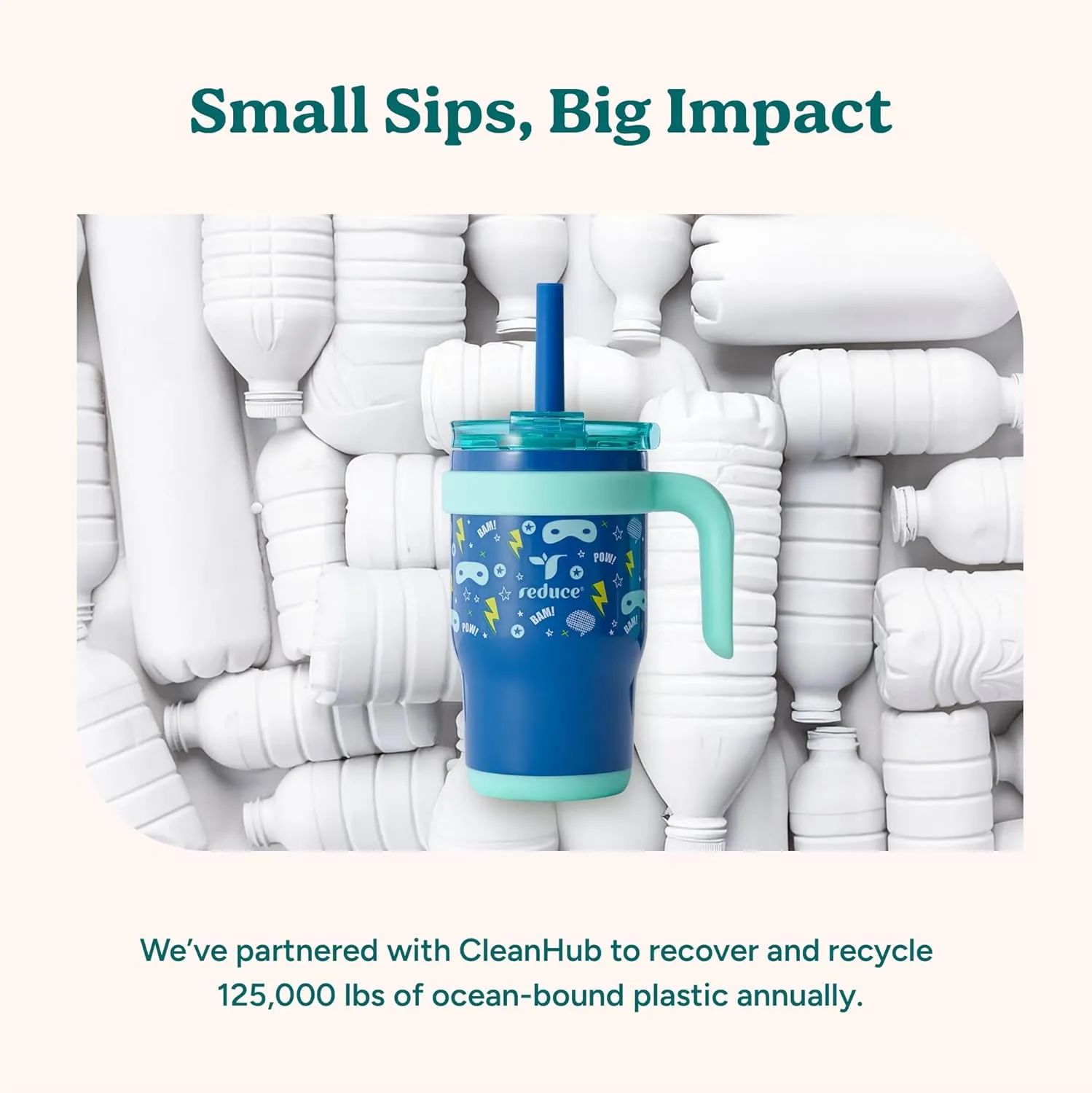 REDUCE 14 Oz Coldee Kids Tumbler with Lid and Straw - Coldee Insulated Travel Mug - Spill-Proof, Sweatproof Stainless Steel, BPA-Free - Includes Handle, Reusable Silicone Straw - Clover Green