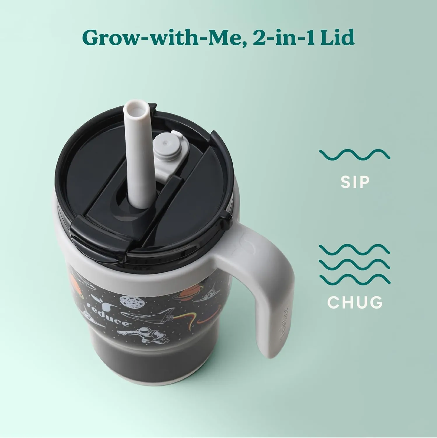 REDUCE 14 Oz Coldee Kids Tumbler with Lid and Straw - Coldee Insulated Travel Mug - Spill-Proof, Sweatproof Stainless Steel, BPA-Free - Includes Handle, Reusable Silicone Straw - Galaxy