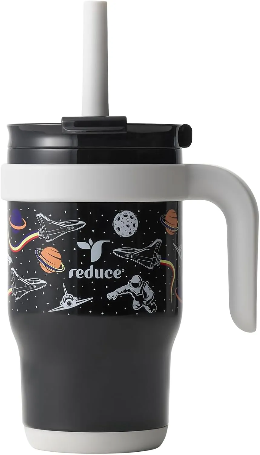REDUCE 14 Oz Coldee Kids Tumbler with Lid and Straw - Coldee Insulated Travel Mug - Spill-Proof, Sweatproof Stainless Steel, BPA-Free - Includes Handle, Reusable Silicone Straw - Galaxy