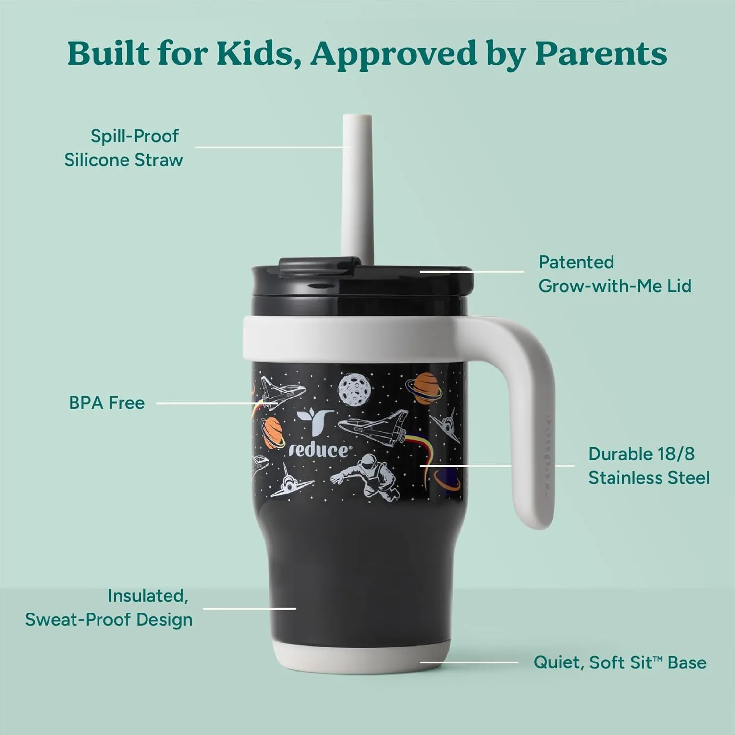 REDUCE 14 Oz Coldee Kids Tumbler with Lid and Straw - Coldee Insulated Travel Mug - Spill-Proof, Sweatproof Stainless Steel, BPA-Free - Includes Handle, Reusable Silicone Straw - Galaxy