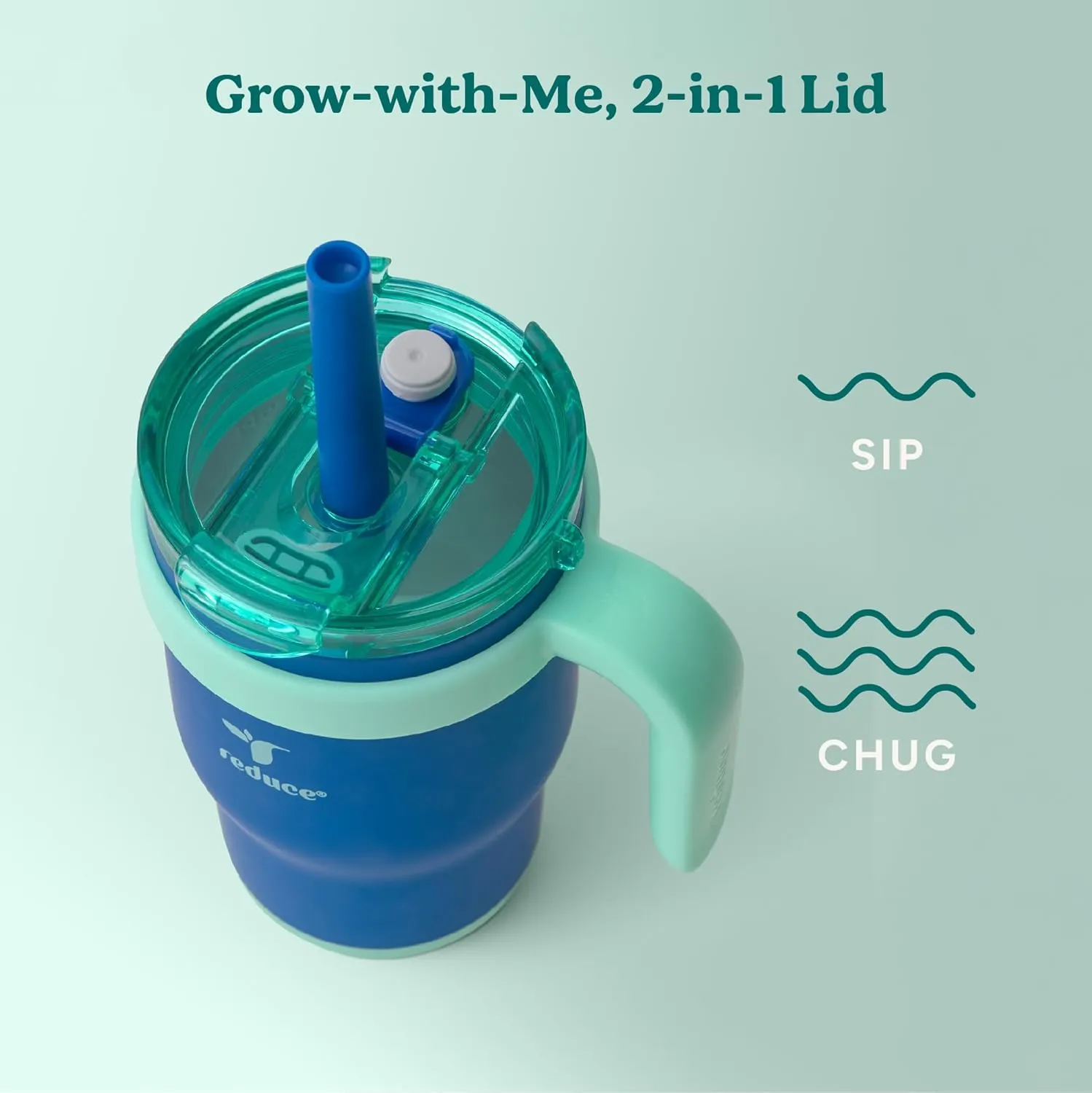 REDUCE 14 Oz Coldee Kids Tumbler with Lid and Straw - Coldee Insulated Travel Mug - Spill-Proof, Sweatproof Stainless Steel, BPA-Free - Includes Handle, Reusable Silicone Straw - Nautical Mist