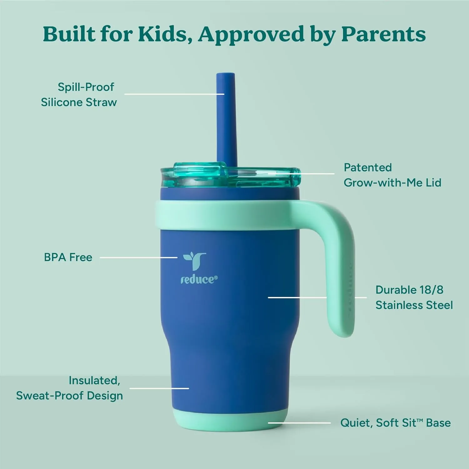 REDUCE 14 Oz Coldee Kids Tumbler with Lid and Straw - Coldee Insulated Travel Mug - Spill-Proof, Sweatproof Stainless Steel, BPA-Free - Includes Handle, Reusable Silicone Straw - Nautical Mist