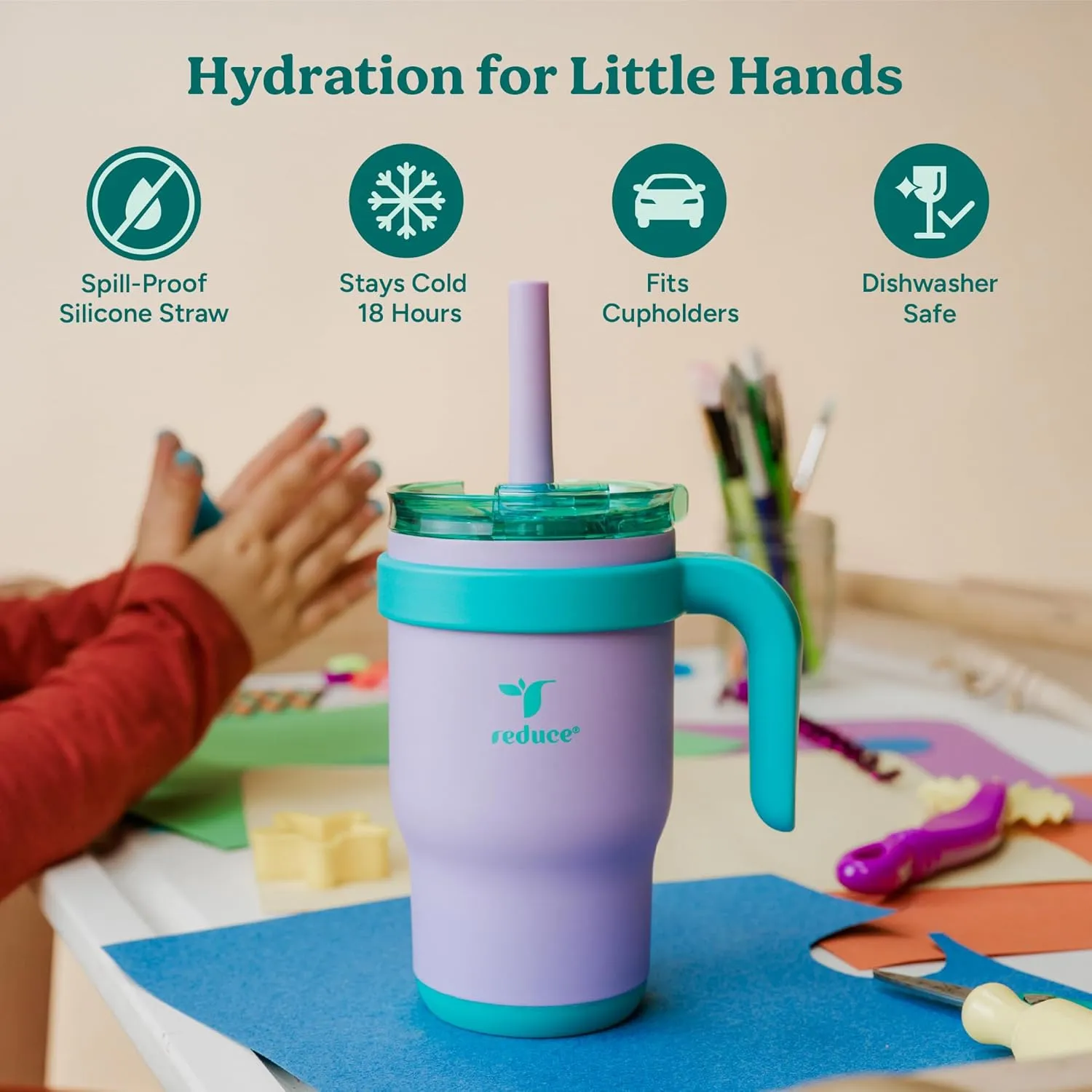 REDUCE 14 Oz Coldee Kids Tumbler with Lid and Straw - Coldee Insulated Travel Mug - Spill-Proof, Sweatproof Stainless Steel, BPA-Free - Includes Handle, Reusable Silicone Straw - Nautical Mist