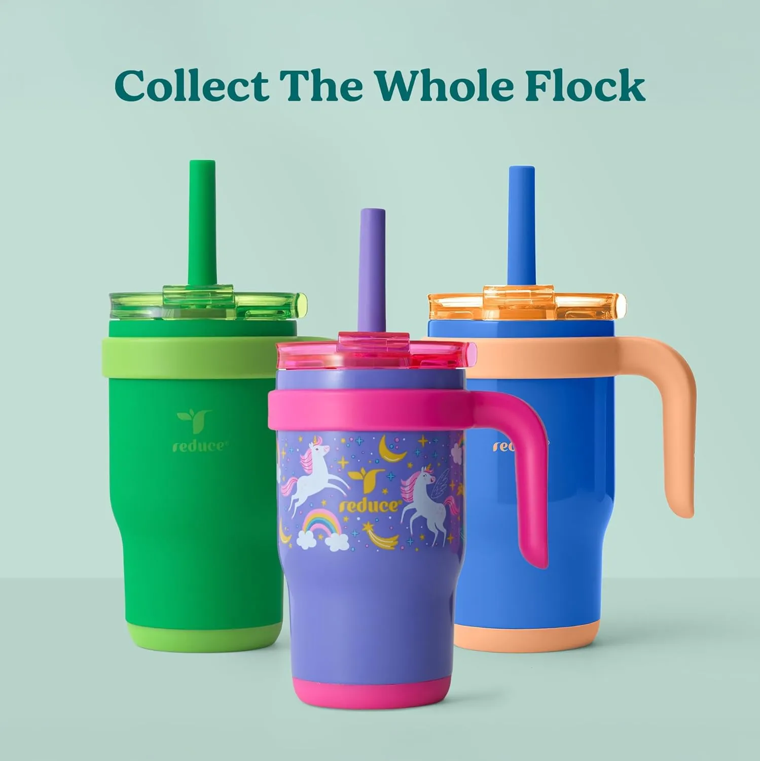 REDUCE 14 Oz Coldee Kids Tumbler with Lid and Straw - Coldee Insulated Travel Mug - Spill-Proof, Sweatproof Stainless Steel, BPA-Free - Includes Handle, Reusable Silicone Straw - Nautical Mist
