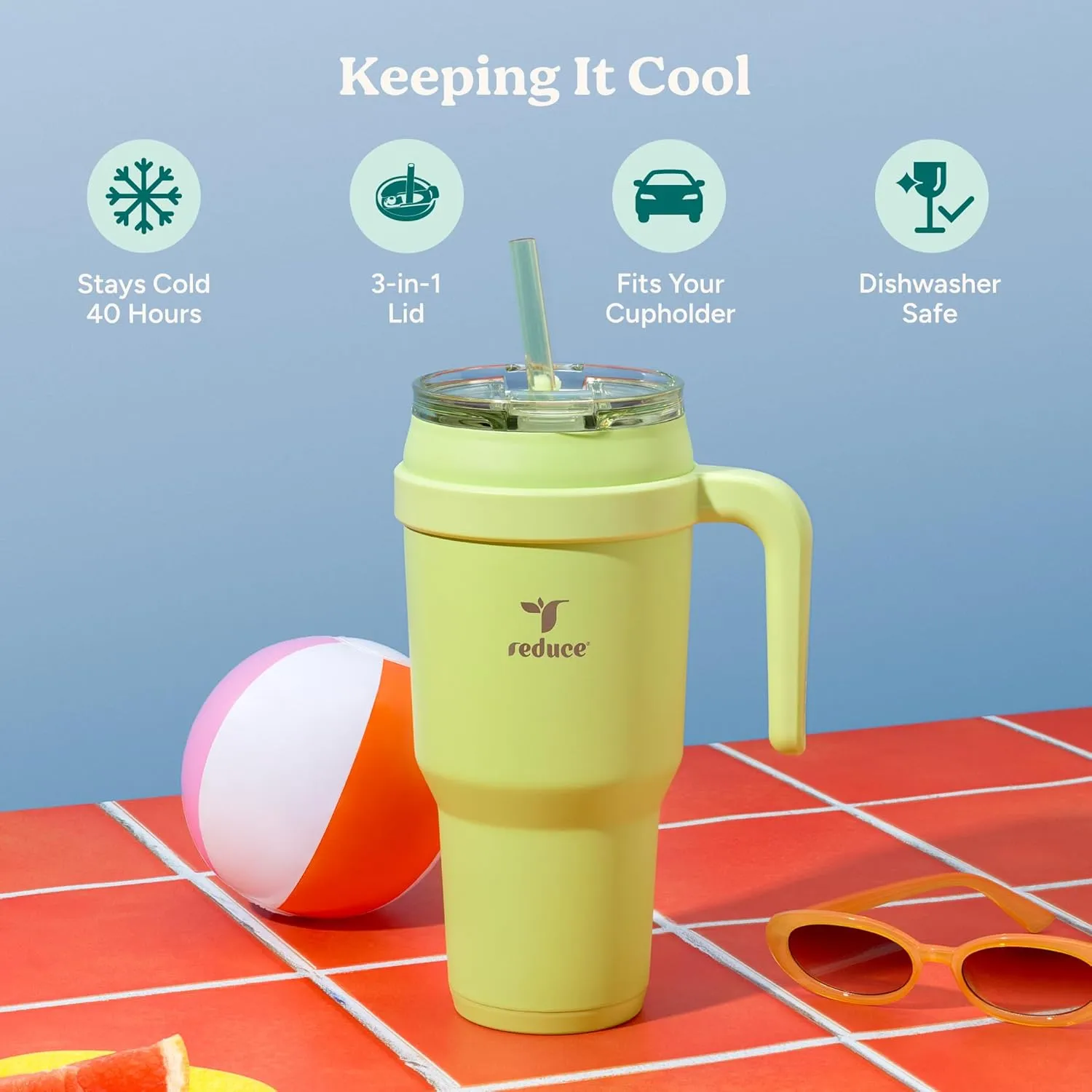 REDUCE 40 oz Stainless Steel Tumbler with Handle - Dual-Wall Vacuum Insulated Travel Mug, Sweat-Proof Lid & Reusable Straw - Keeps Drinks Cold for 24 Hrs, Fits Cupholders, Dishwasher Safe - Daiquiri