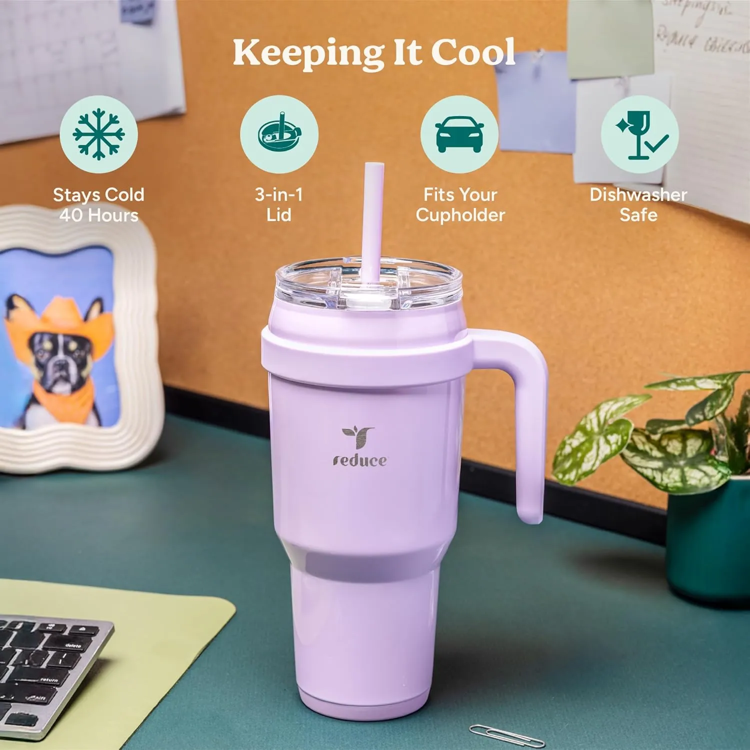 Reduce 40 oz Stainless Steel Tumbler with Handle - Dual-Wall Vacuum Insulated Travel Mug, Sweat-Proof Lid & Reusable Straw - Keeps Drinks Cold for 24 Hrs, Fits Cupholders, Dishwasher Safe-Mineral Blue