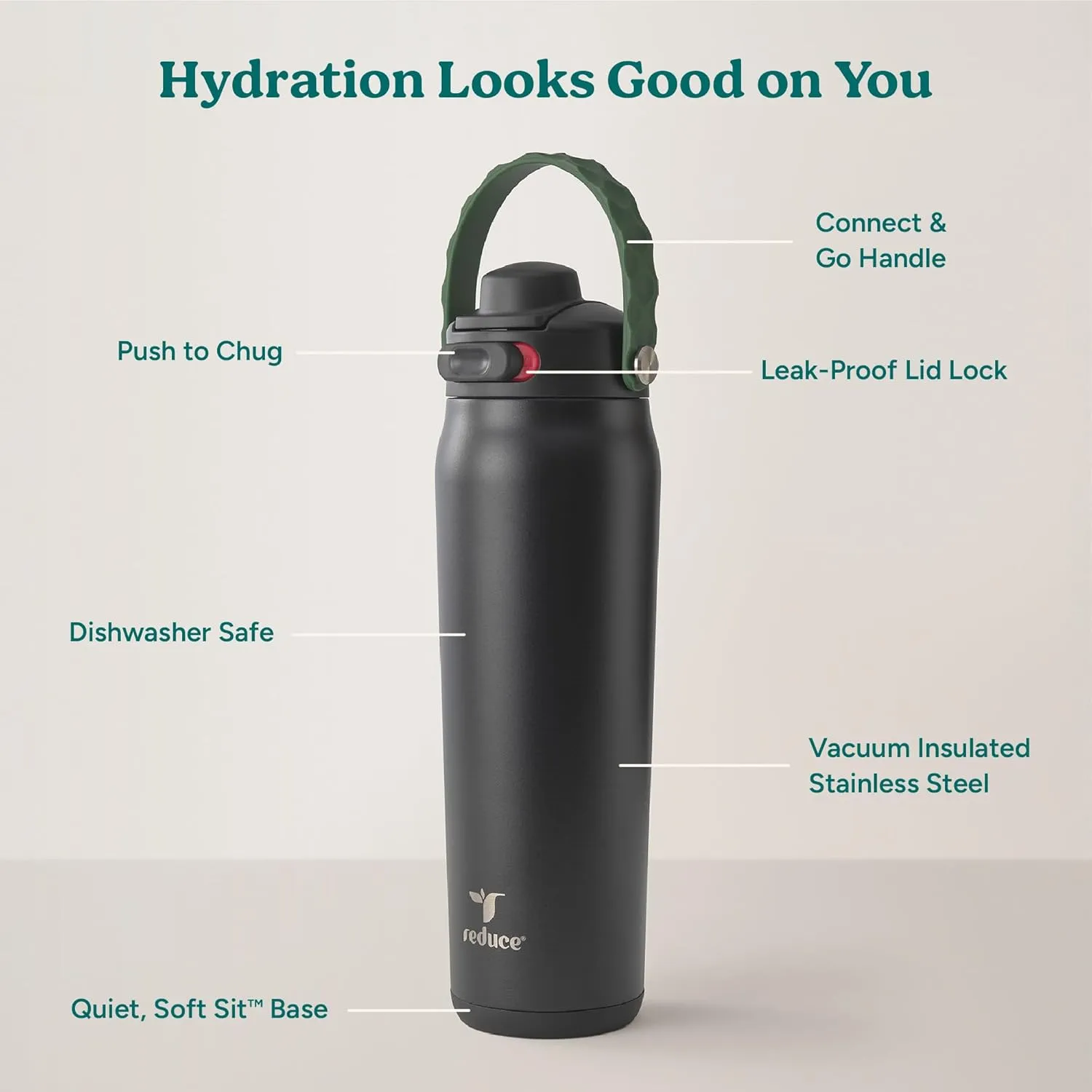 Reduce Aura Vacuum Insulated 26 oz Water Bottle - Leak-Proof & Chug Spout for Quick Hydration - Keeps Drinks Cold for 30 Hours - Removable Handle for Travel or Gym - Soft Sit Base - Phantom