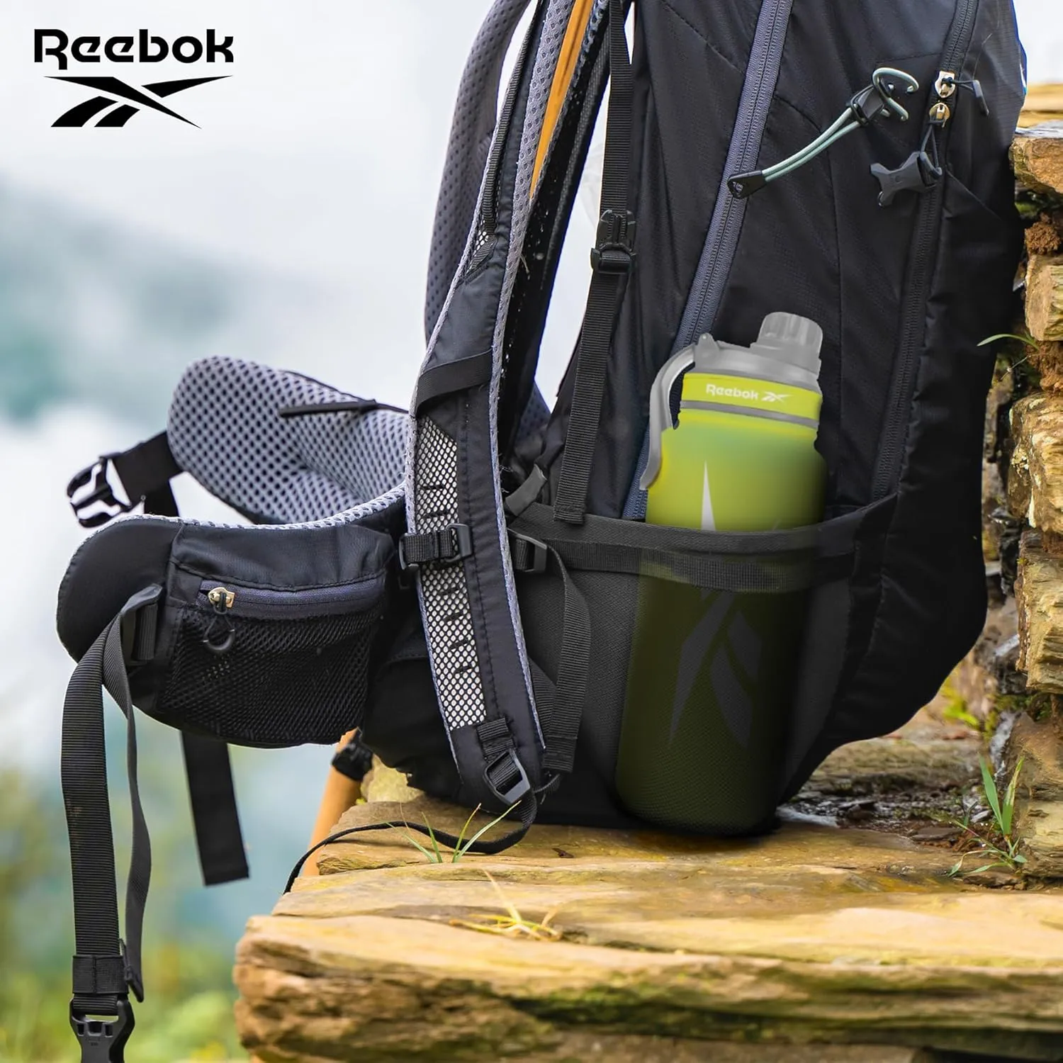 Reebok Stainless Steel Water Bottle With Athletic Design - Insulated Water Bottle 40 oz With Chug Lid - Double Wall Vaccum Insulated Sports Water Bottle, BPA Free (Yellow)