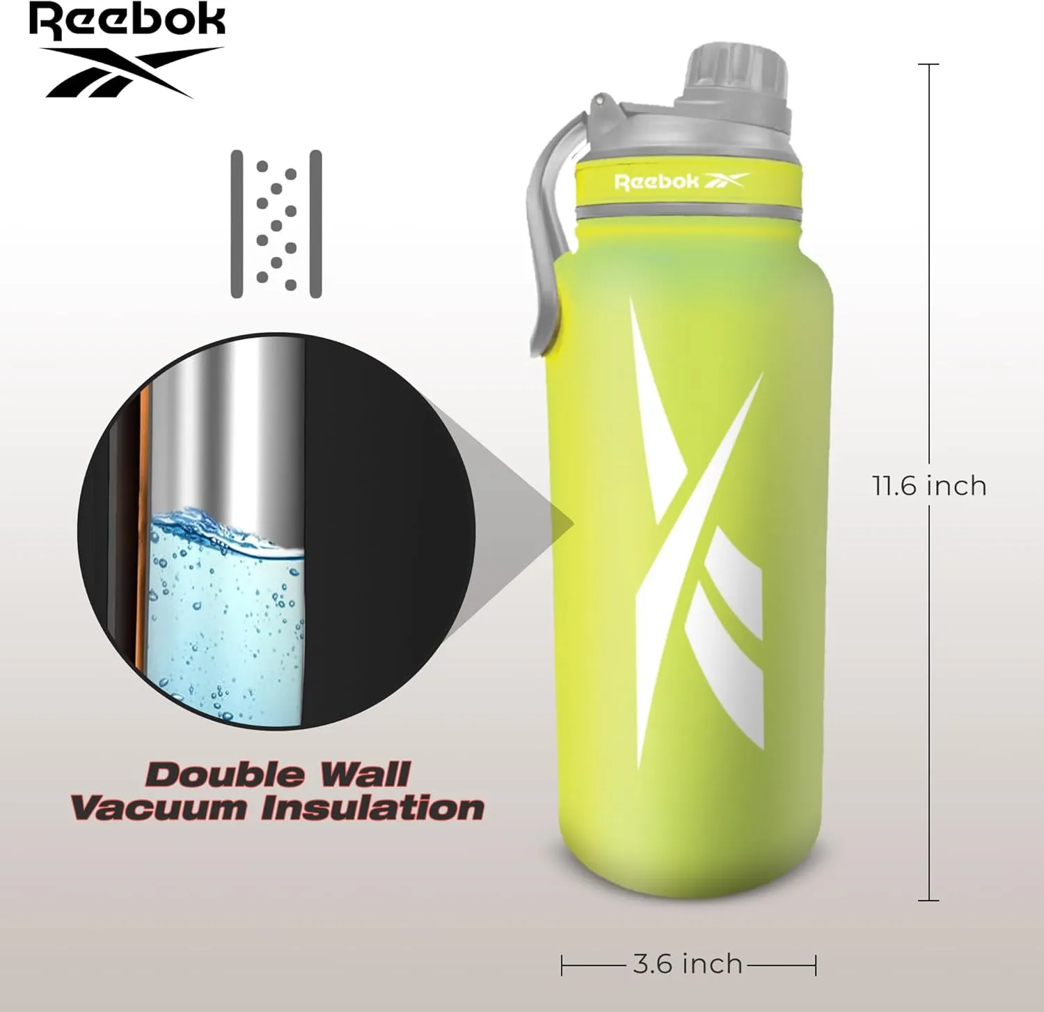 Reebok Stainless Steel Water Bottle With Athletic Design - Insulated Water Bottle 40 oz With Chug Lid - Double Wall Vaccum Insulated Sports Water Bottle, BPA Free (Yellow)