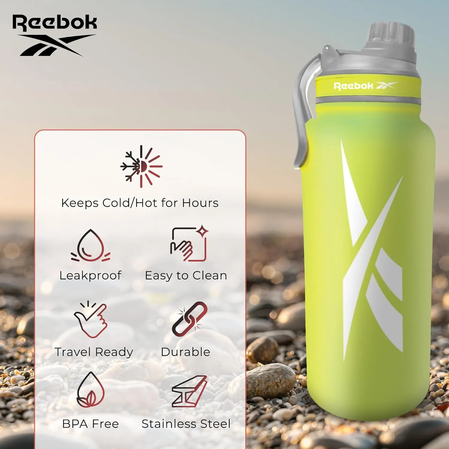 Reebok Stainless Steel Water Bottle With Athletic Design - Insulated Water Bottle 40 oz With Chug Lid - Double Wall Vaccum Insulated Sports Water Bottle, BPA Free (Yellow)