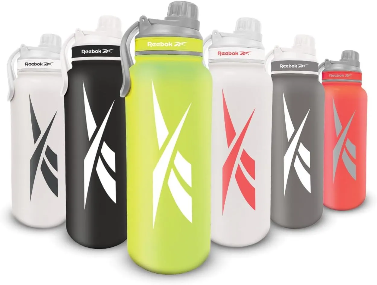 Reebok Stainless Steel Water Bottle With Athletic Design - Insulated Water Bottle 40 oz With Chug Lid - Double Wall Vaccum Insulated Sports Water Bottle, BPA Free (Yellow)
