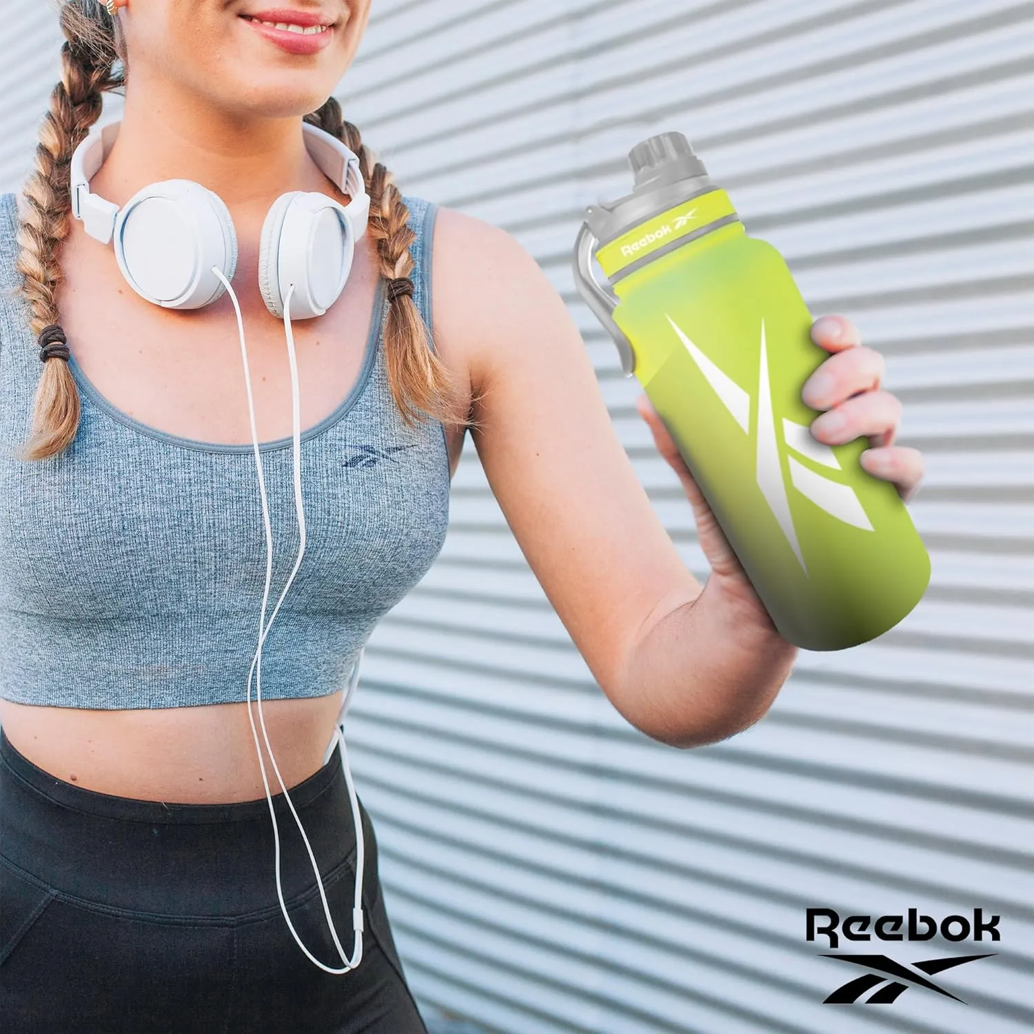 Reebok Stainless Steel Water Bottle With Athletic Design - Insulated Water Bottle 40 oz With Chug Lid - Double Wall Vaccum Insulated Sports Water Bottle, BPA Free (Yellow)