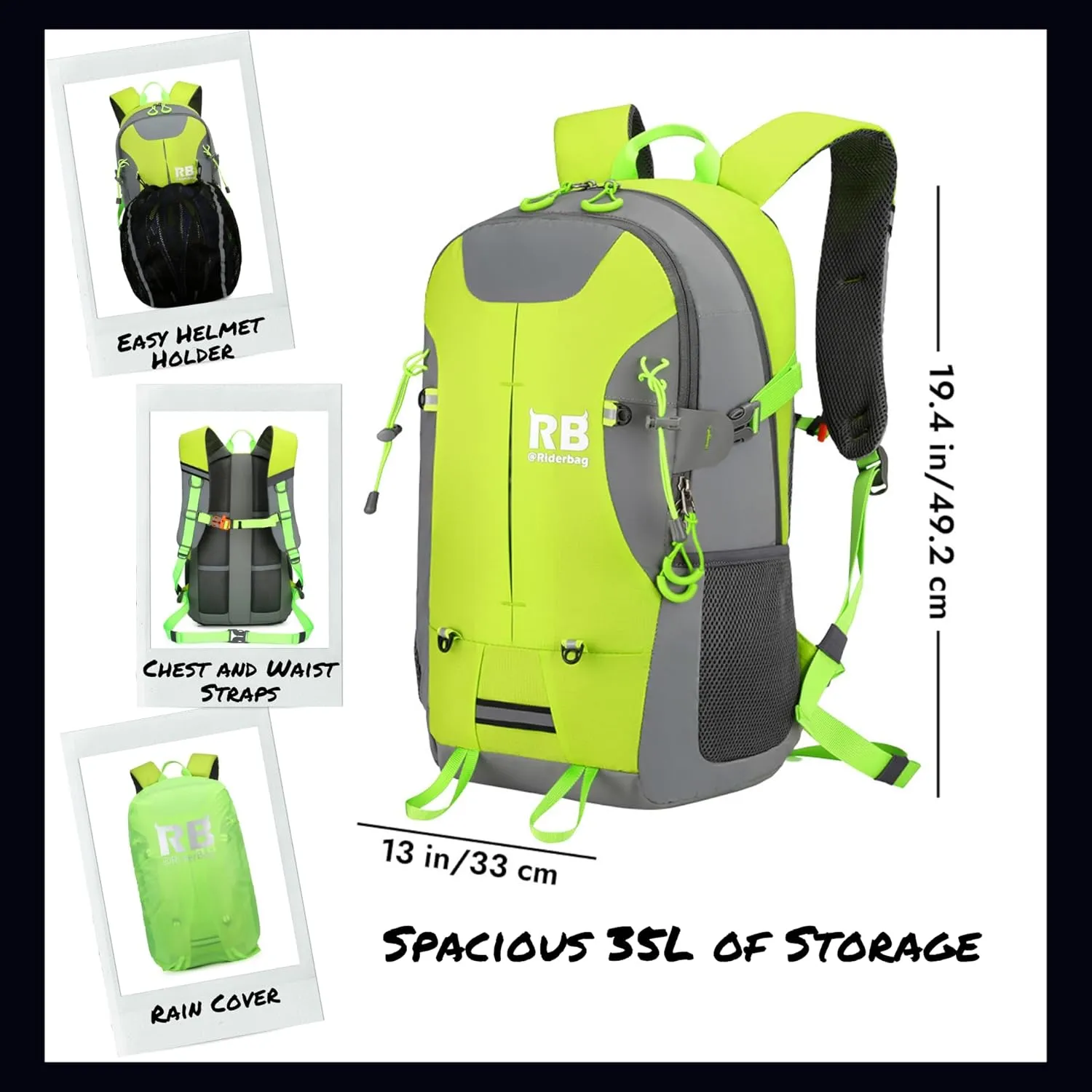 Reflective Motorcycle Backpack 35L, Lightweight Water-Resistant Daypack with Laptop Pocket for Commuting, Biking, and Daily Use – Green